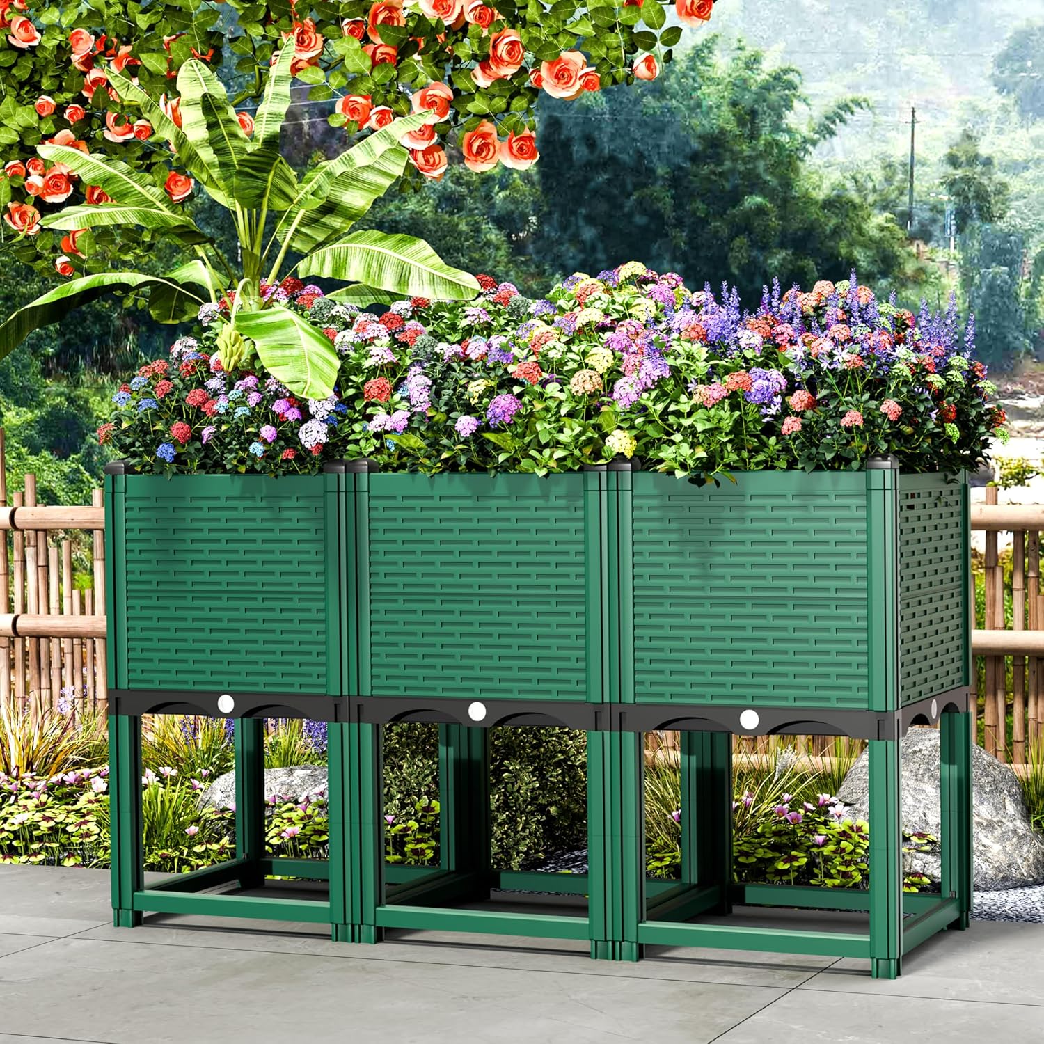 Outdoor Raised Garden Bed - Stackable Vertical Planter with Trellis for Vegetables & Flowers | Durable Resin, Tool-Free Assembly | Perfect for Balcony, Patio, Deck (47.24" H)