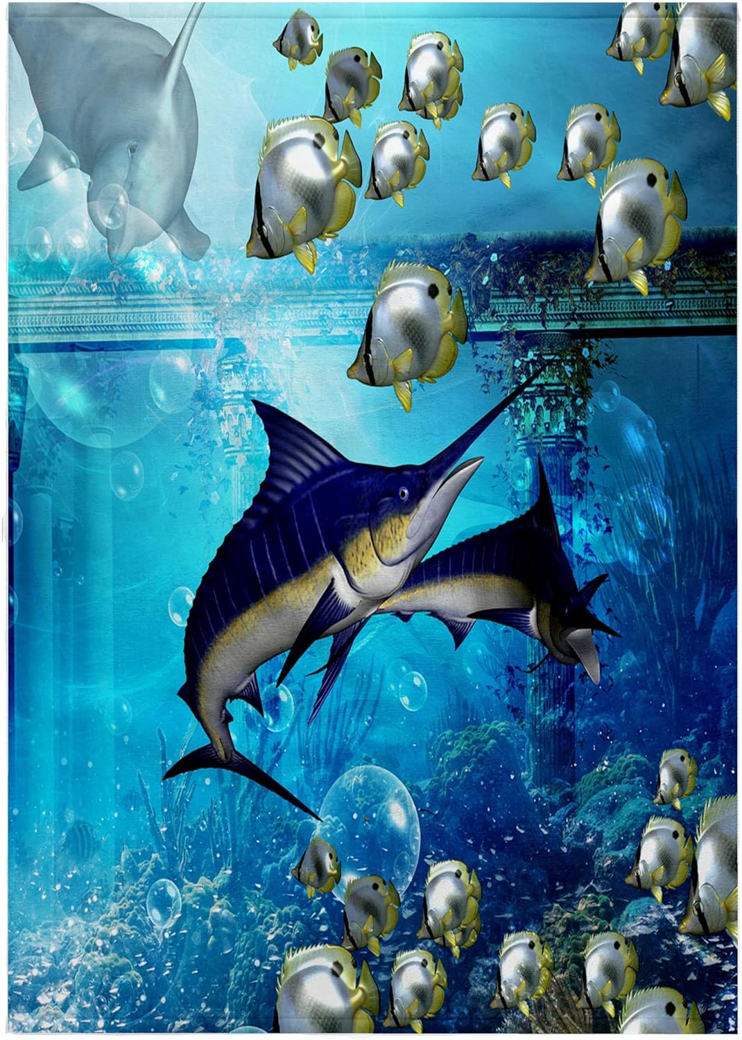 3dRose Underwater World with Marlin, Dolphin and Butterfly Fish 22x30 Bath Hand Pool Towel