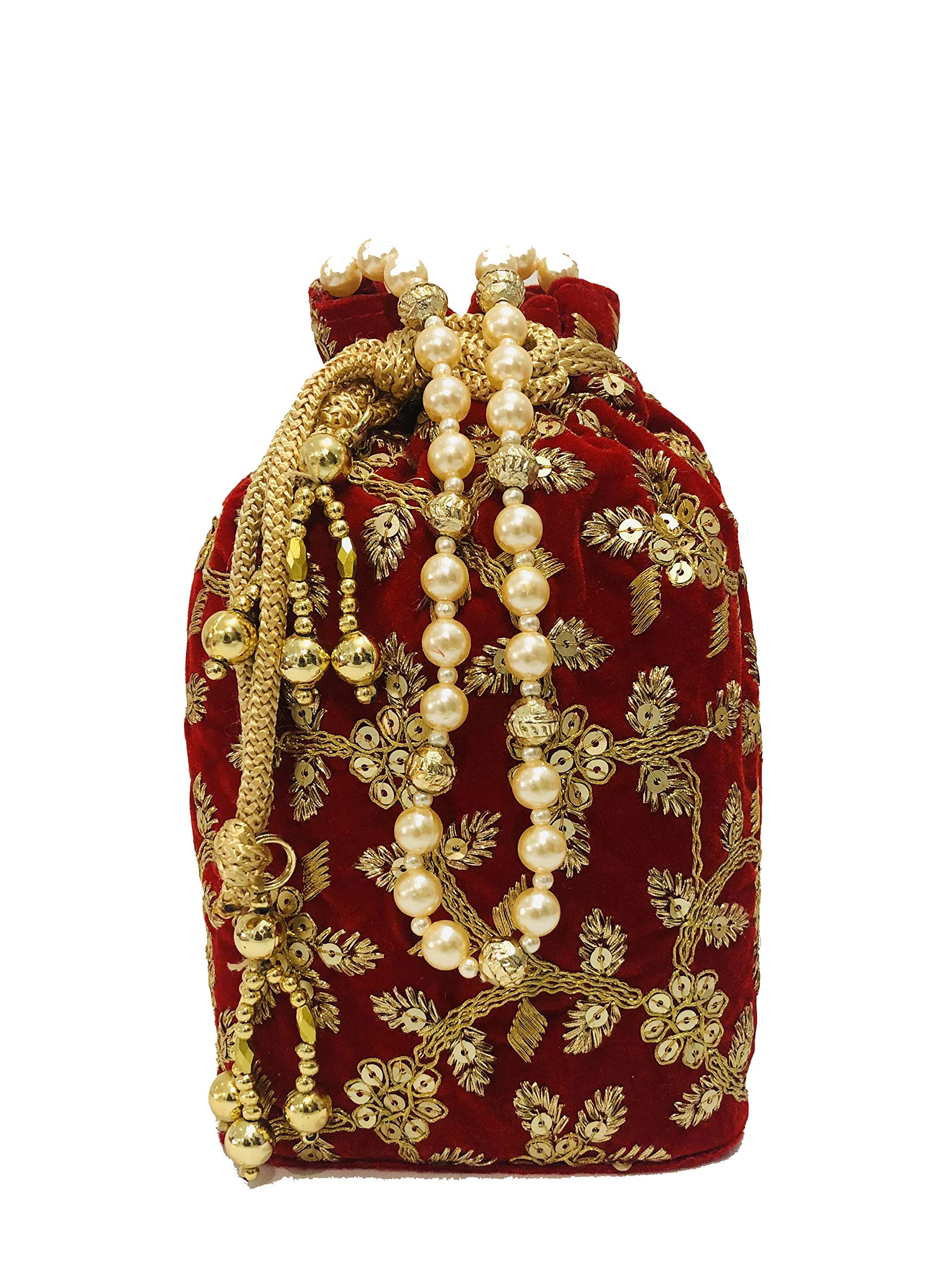 SHAKUNTLA VINTAGE Women Velvet Maroon potli Bag Wristlets Potli Bag for Gifting Floral Pattern Handbags Puches (Maroon)-image-12