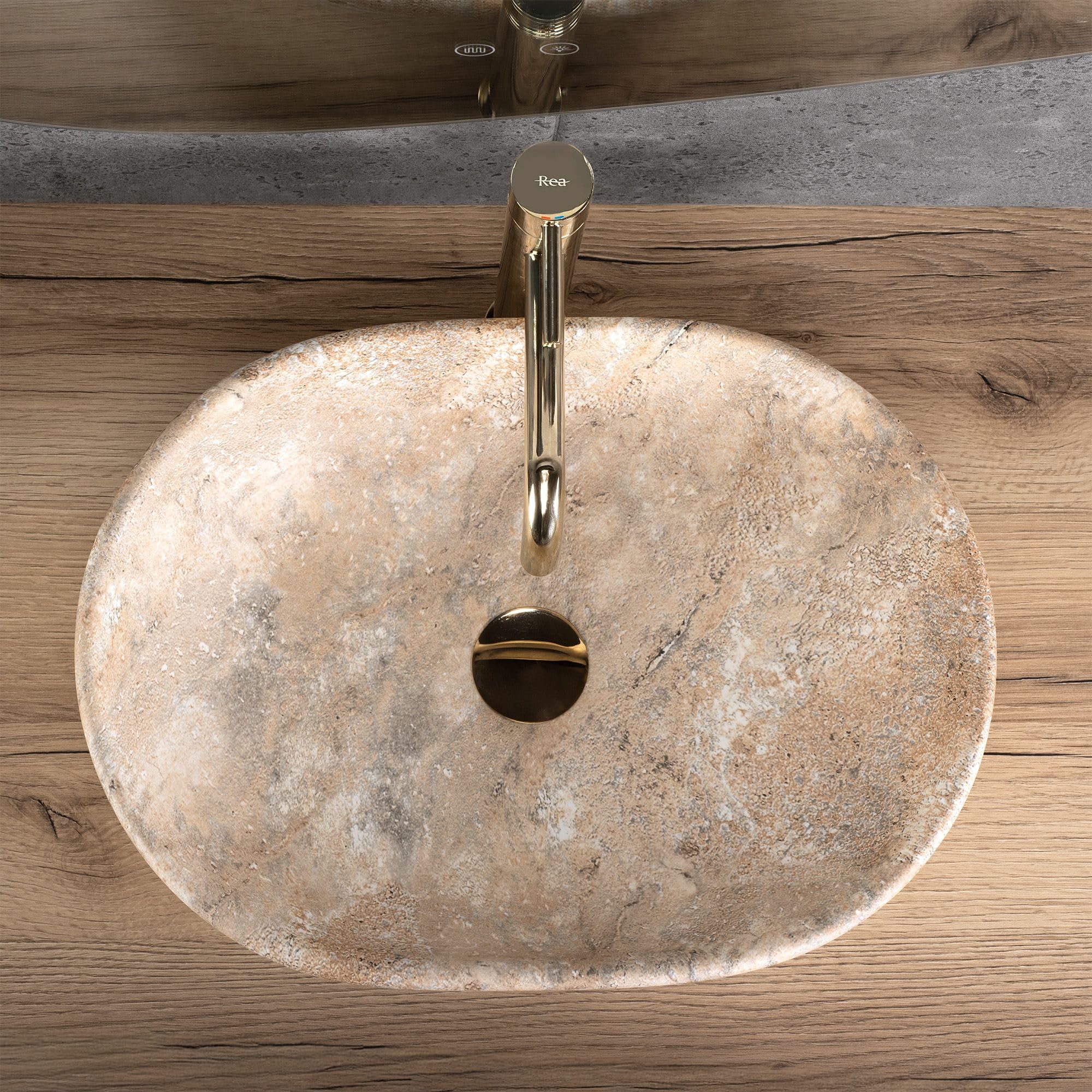 Rea - Lavabo Da Appoggio Amelia Savana Matt In Ceramica,Pietra Artificiale, Ovale 48X34,5X13,6cm