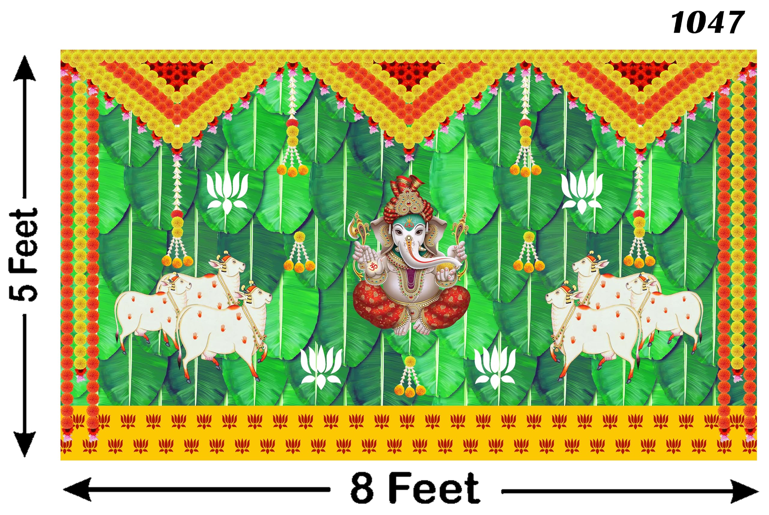 Ashvath Fashion Banana Leaf and Marigold and Lotus Flower with Cows and Ganesh ji Design Backdrop Cloth for Pooja Decoration Curtain for Festival Size 5Feet Height and 8Feet Width(5 * 8) 1