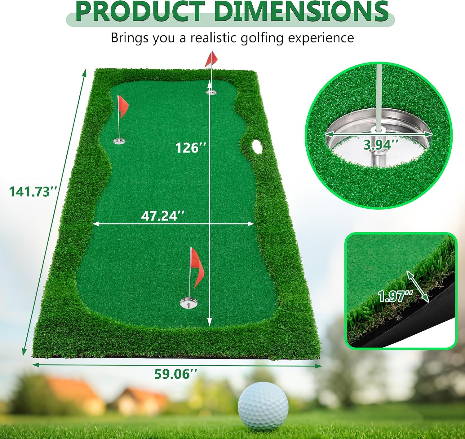 Golf Putting Green, Golf Training Mat Turf, 3 Holes, 3 Flags and Cups for Indoor Outdoor