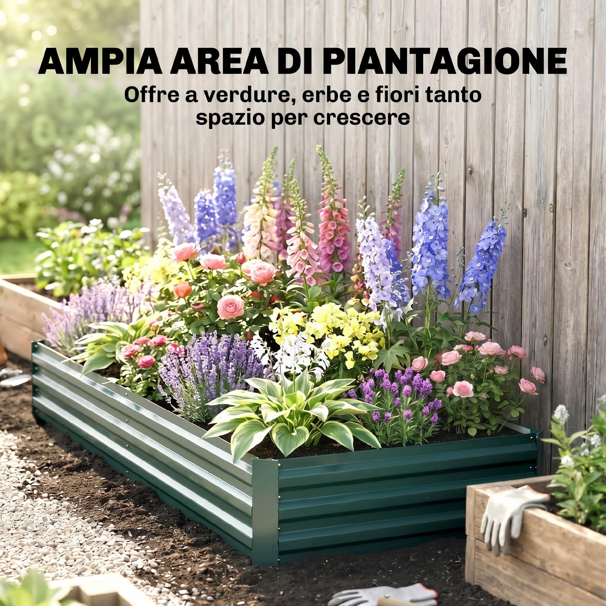 Outsunny Letto per Orto Rialzato da Esterno 628L, Fioriera da Balcone in Acciaio Galvanizzato con Fondo Aperto, per Piante, Fiori e Verdure, 241x90.5x30cm, Verde