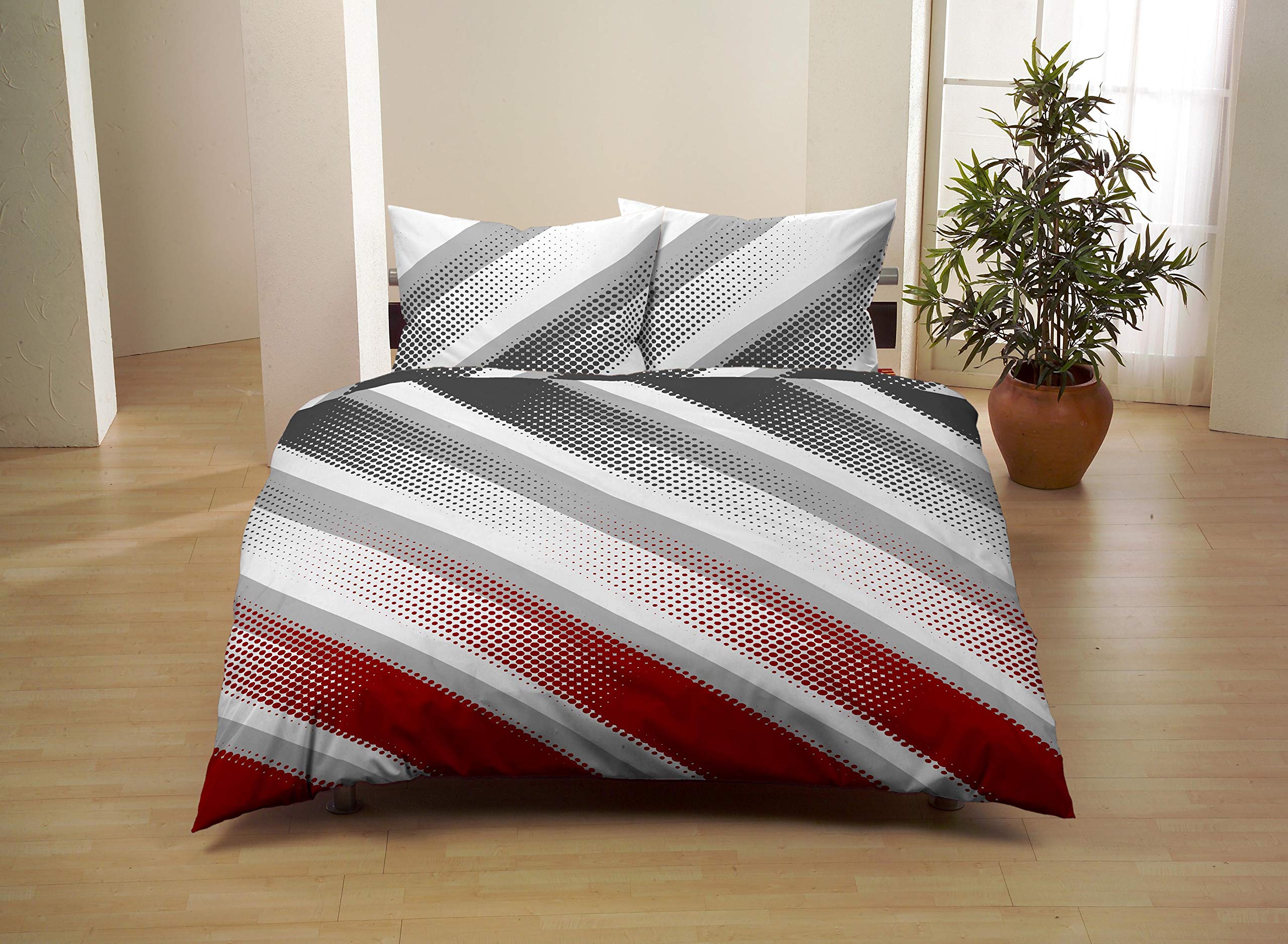 3 TLG. Bettwäsche 200x200 cm + 70x90 cm, Baumwolle Satin, Modern Weiß Grau Rot