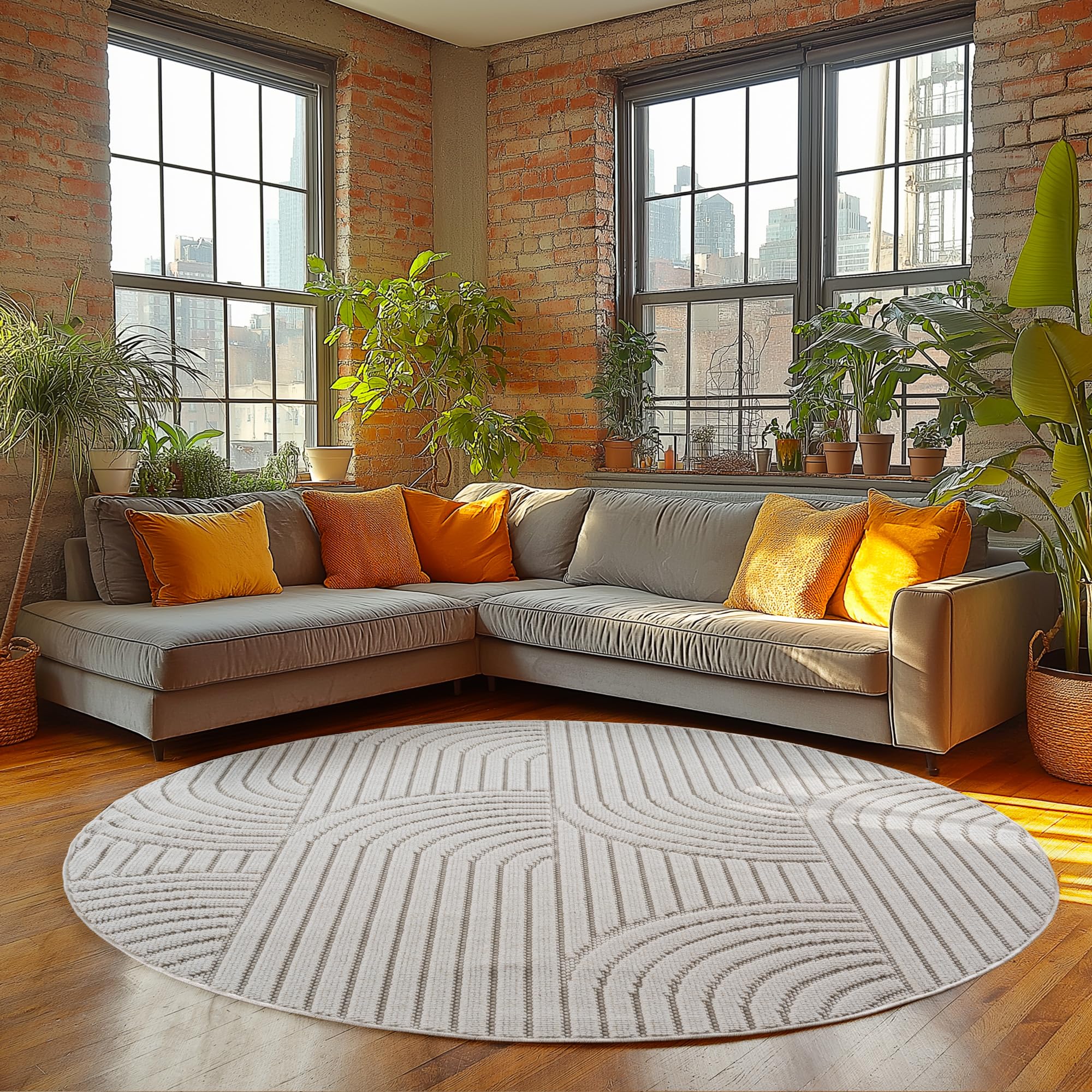 HomebyHome Tapis Rond 200 cm Crème Design Bohème Bouclé Boucles Style Scandinave Moderne Doux Résistant Facile à Nettoyer Grand Tapis pour Salon Salle à Manger Chambre