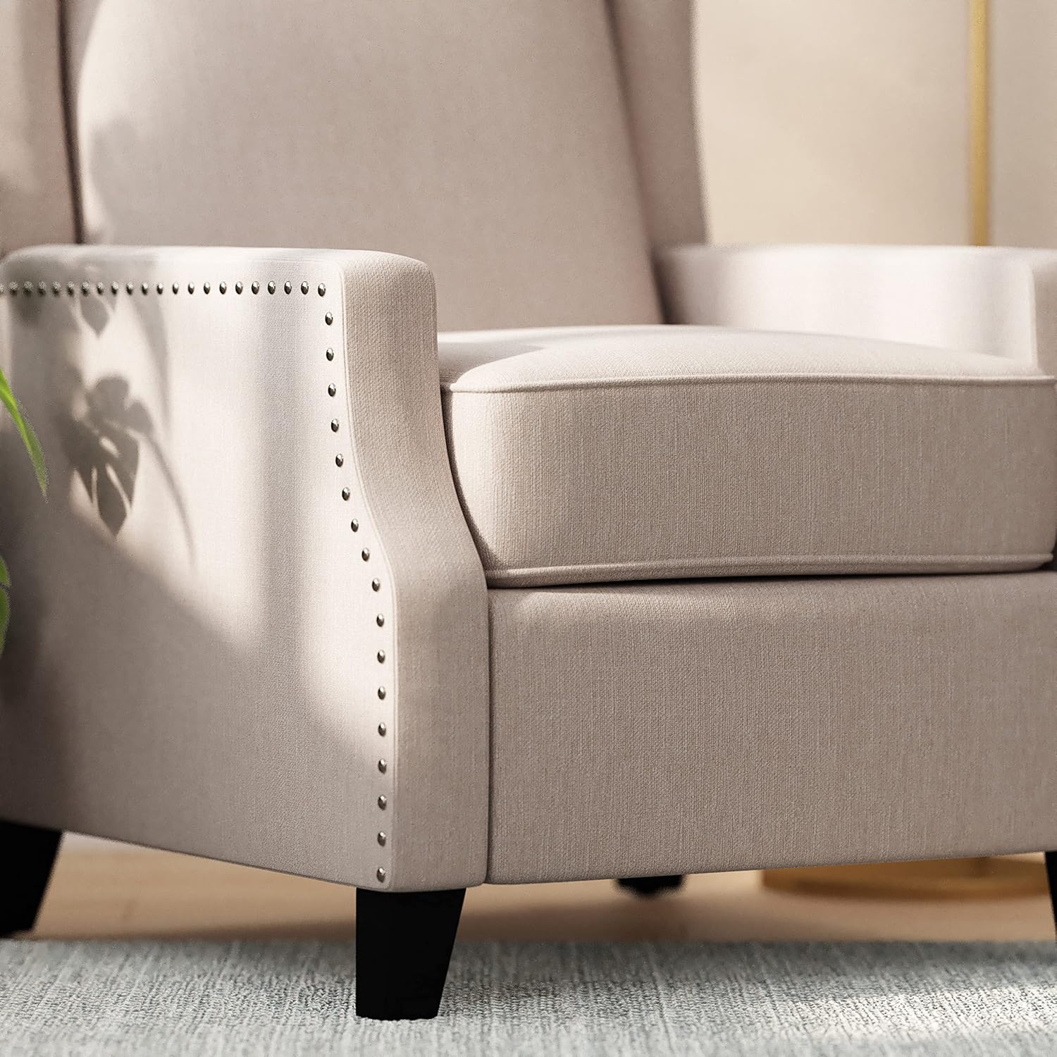 Taylor & Logan Maxfield Traditional Cream Fabric Upholstered Slim Wingback Recliner with Accent Nail Trim and Push Back Recline