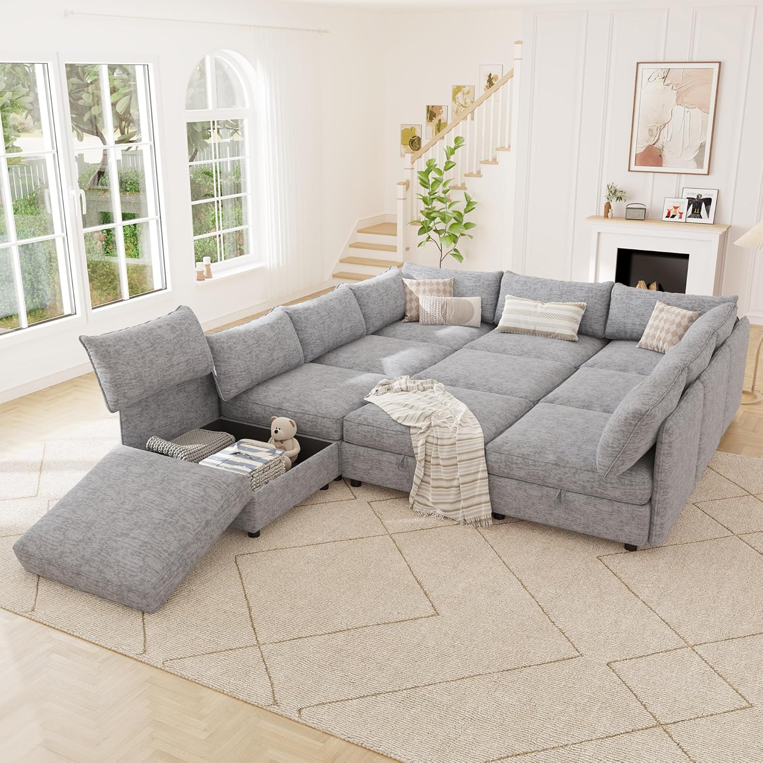 Oversized Chenille Modular Sectional Sofa Bed Hidden Storage, Convertible L U Shaped Sleeper Couch, 10 Seat Modern Modular Sectional Sofa with Removable Covers & Ottoman Chaise, for Living Room, Gray