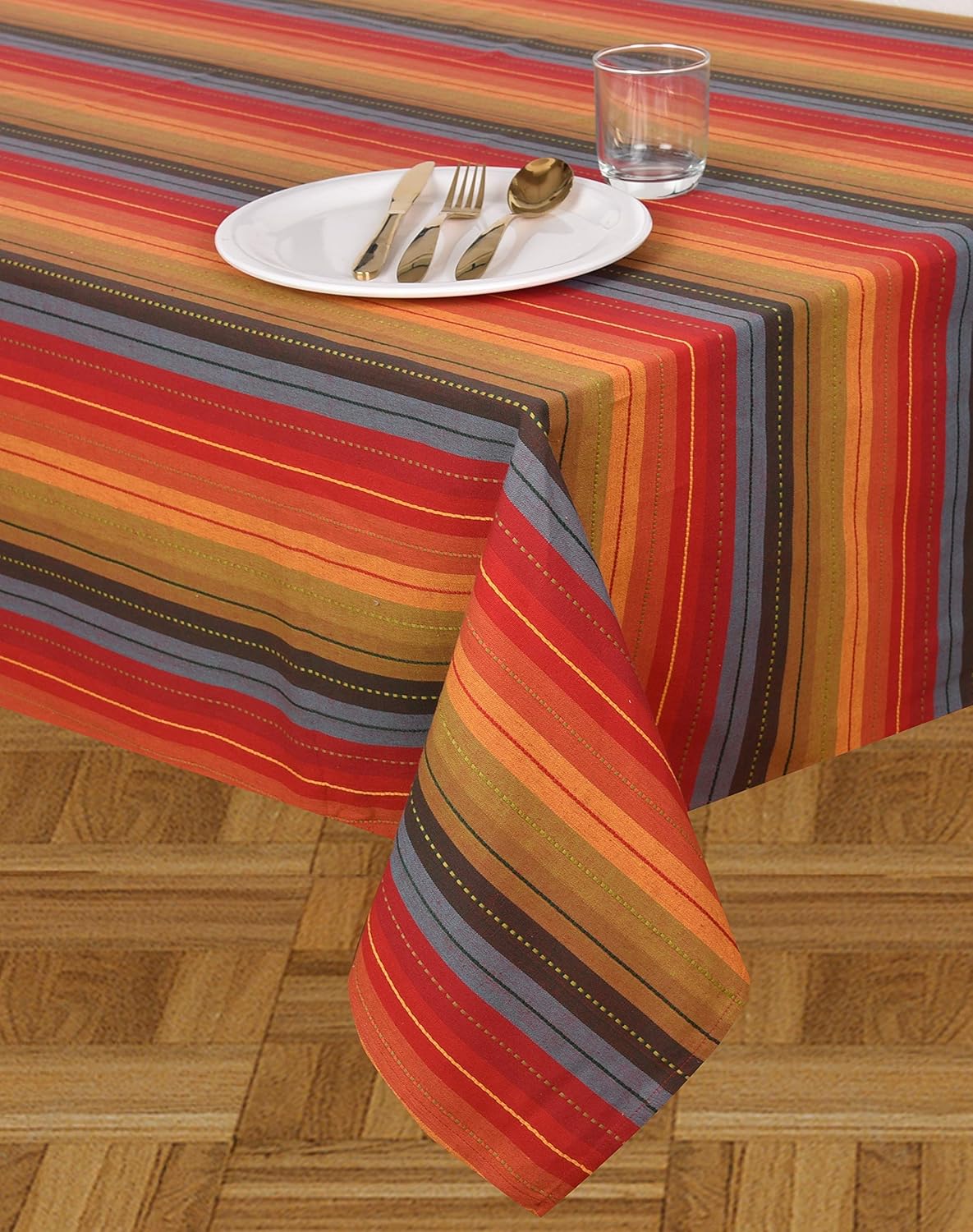 Urban Villa Tablecloth Cuisine Stripes Table Cloth Tabletop Cover Kitchen Dining Tablecloth 100% Cotton Great Parties Wedding Holiday Dinner Red Multi Rectangle 60X102 Inches 8-10 Seats Table Cloth