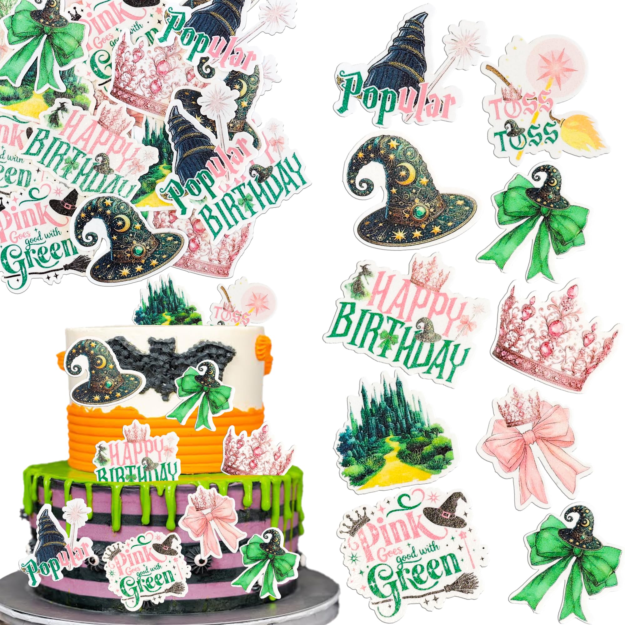 Ephlyn 54Pcs Edible Witch Party Cupcake Toppers Bow Crown Witch Birthday Decorations for Halloween Baby Shower Party Supplies Pink Green