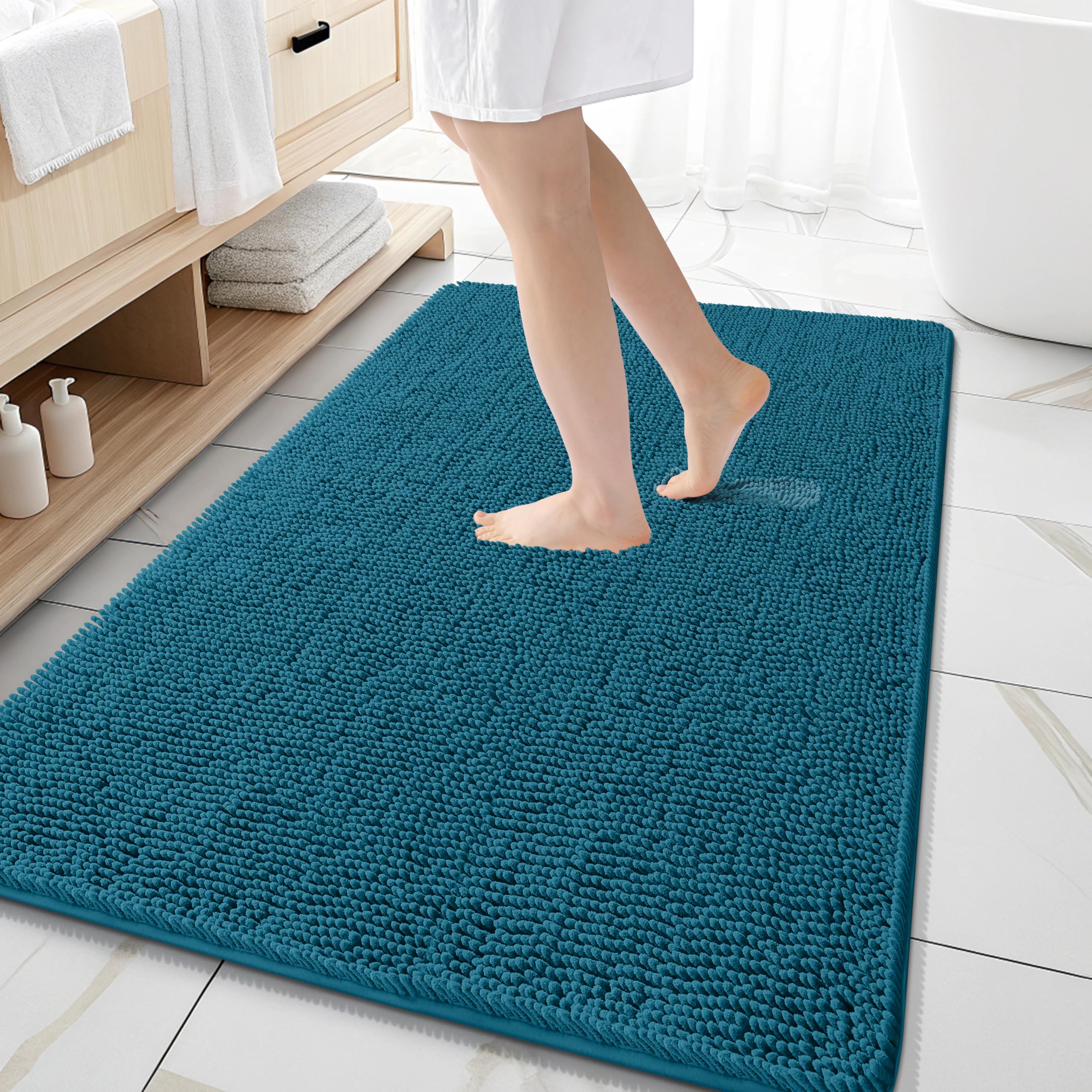 OLANLY Large Bathroom Rugs 59x35, Extra Soft Absorbent Chenille Bath Rugs | Peacock Blue, Quick-Drying Rubber Backing, Washable Bath Mat for Bathroom Floor, Tub and Shower, Home Decor Accessories