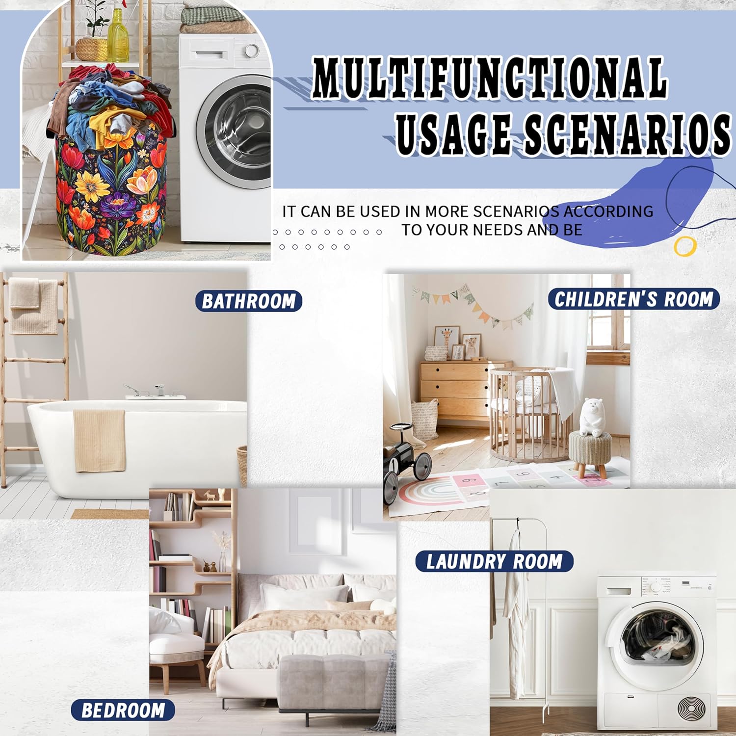 Bright Colorful Flowers Laundry Hamper Oxford Cloth Beautiful Floral Laundry Basket With Handle Portable Clothes Storage Basket Foldable Laundry Bag 18.9"x16.5" For Laundry Room/Bedroom/Bathroom