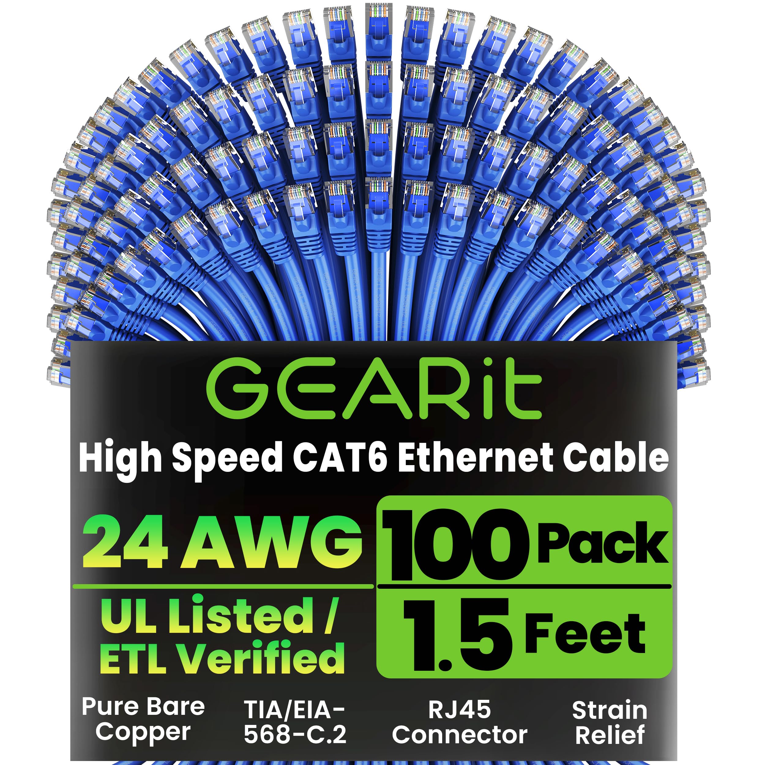GEARit Cat 6 Ethernet Cable Pack - 100-Pack 1.5 ft Cat6 Ethernet Patch Cables | RJ45 Network Patch Cable, 10 Gbps Snagless Gold-Plated Connectors -
