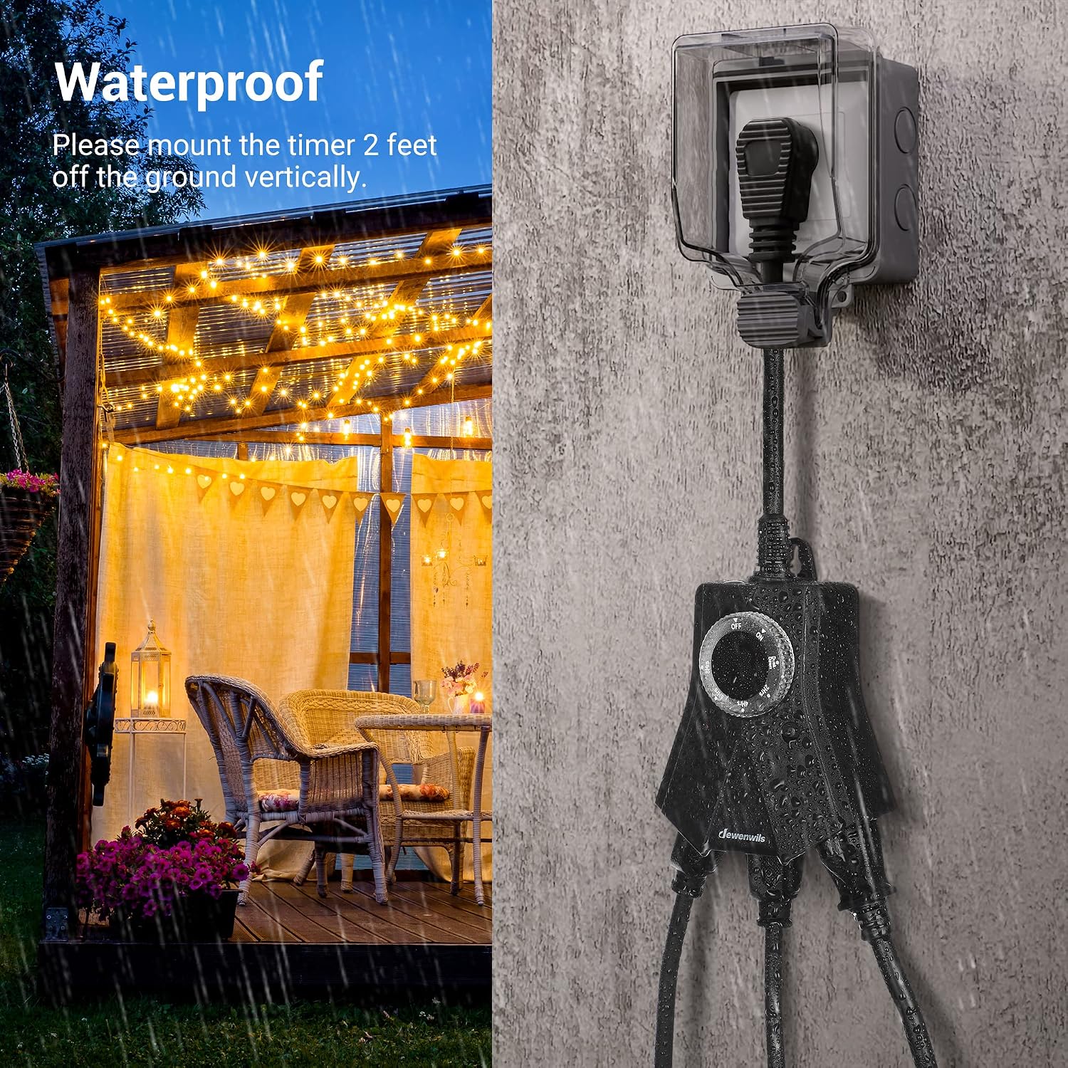DEWENWILS Light Timer Outdoor Weatherproof, Heavy Duty 3-Prong Grounded Outlet, Dusk to Dawn and 2/4/6/8 Countdown Timer for String Light, UL Listed