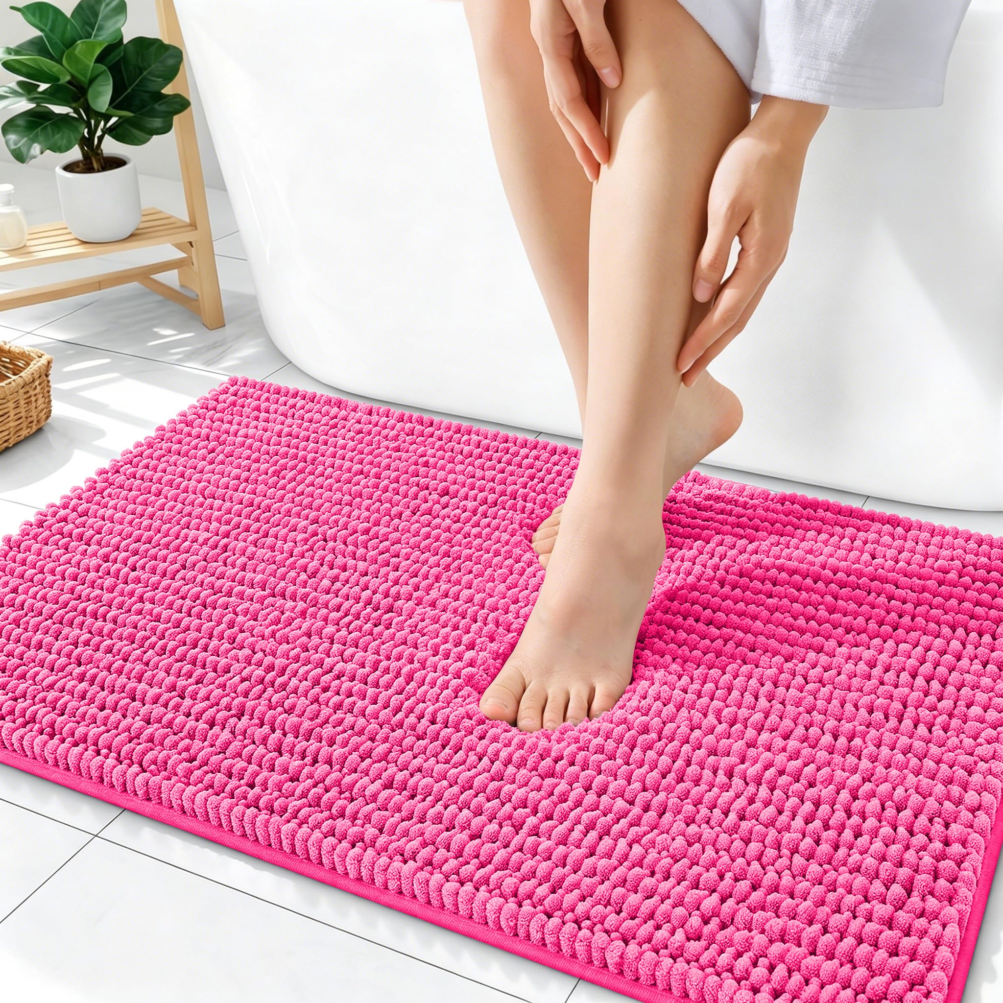 OLANLY Thick Chenille Absorbent Bathroom Rugs Mat 36x24, Hot Pink
