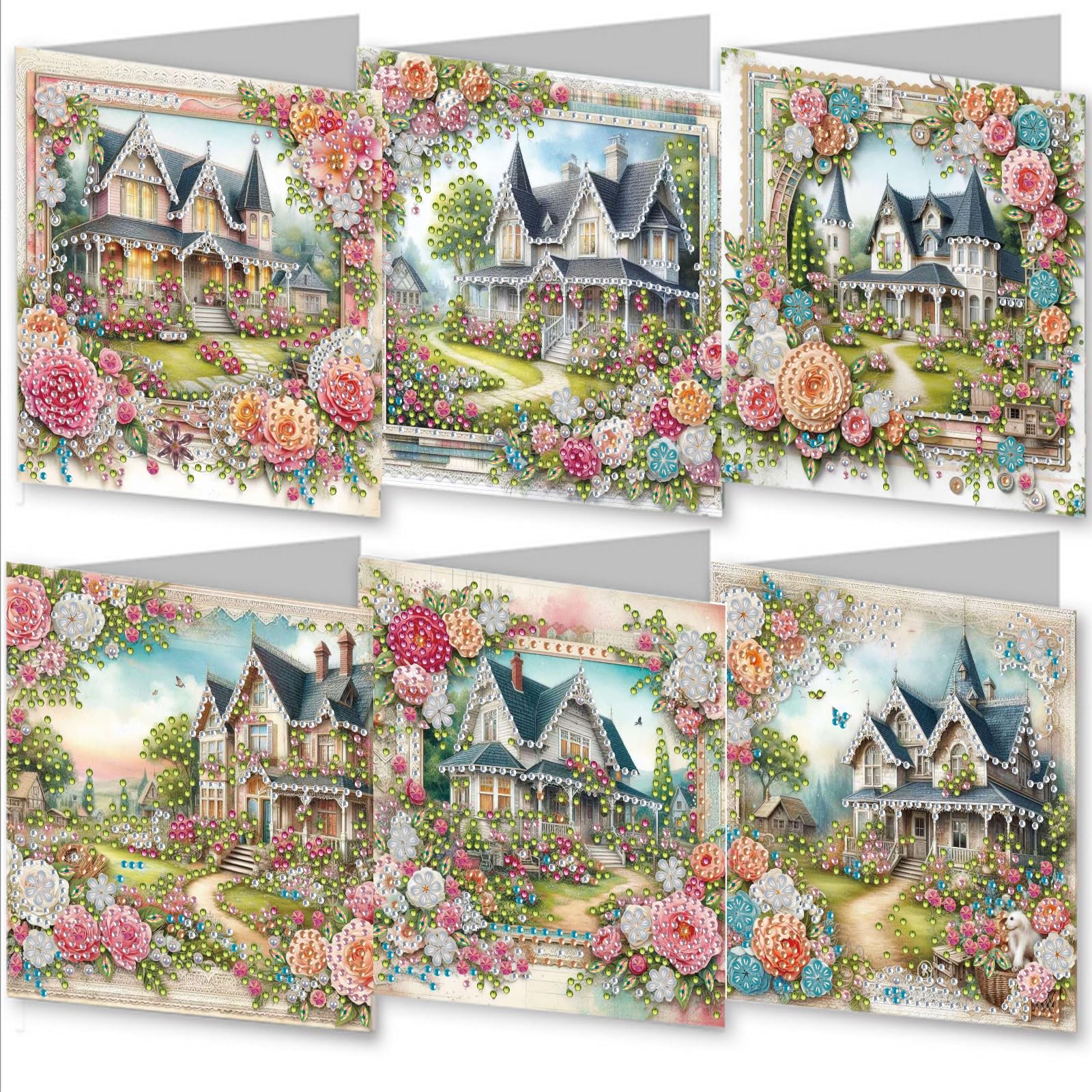 Awesocrafts Villa 6Pcs Diamond Art Christmas Cards Kits Flower Diy Diamond Painting Cards Sets, 5D Diamond Art With Envelopes, Postcards For Handmade, Xmas 30 * 15Cm (Villa)