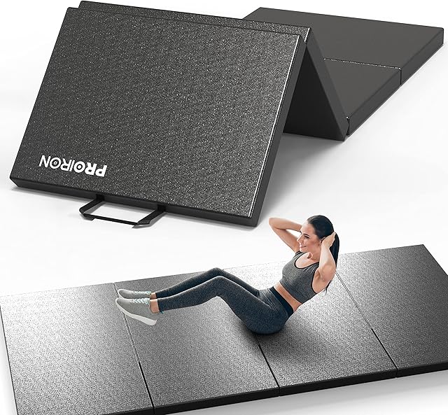 PROIRON Gymnastics Mats, 4 Folding Exercise Mat Yoga Gym Home Fitness Workout Mat, Thick Foam Soft Matt for Crash Tumble Pilates, Non Slip PU Leather & Carry Handles
