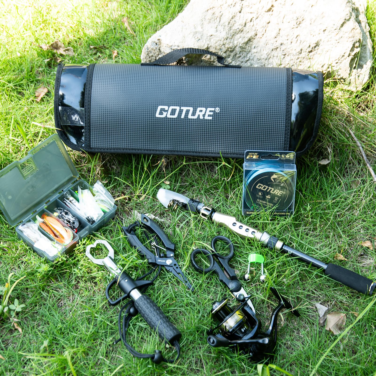 Goture - Juego de pesca con caña de pescar telescópica (carbono 24T), 1,8 m/2,1 m/2,4 m/2,7 m | Juego completo de herramientas de pesca y cebo con carrete de pesca 5,2:1, línea 150 m/14 kg
