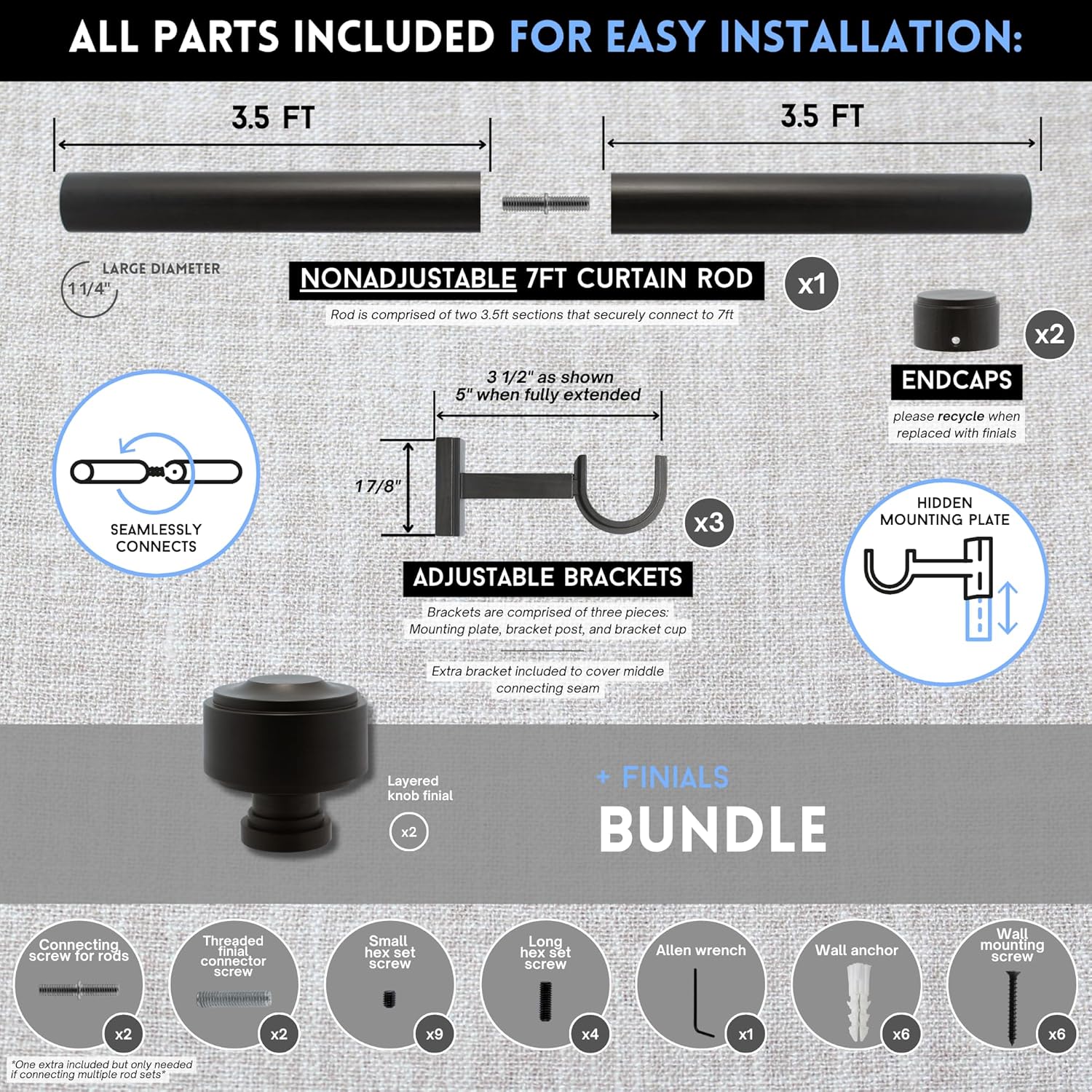 7 foot Custom Curtain Rod & Layered Knob Finials Bundle – Luxury Nonadjustable 1 ¼” Large Diameter with Designer Finials & Premium Quality Mounting Bracket – Brushed Dark Brown Finish