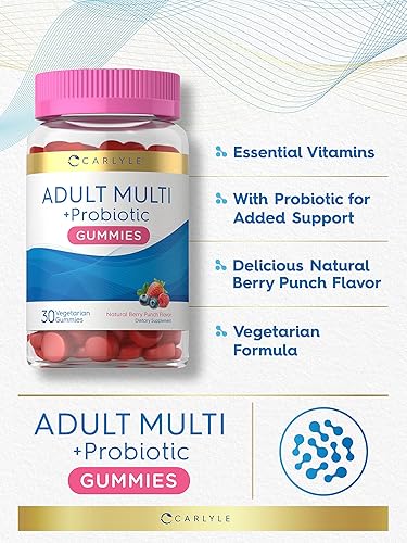 Miniatura 3 de Gomitas multivitamínicas para adultos con probiótico 120 unidades sabor a Berry Punch  Suplemento vegetariano sin OMG sin gluten por Carlyle