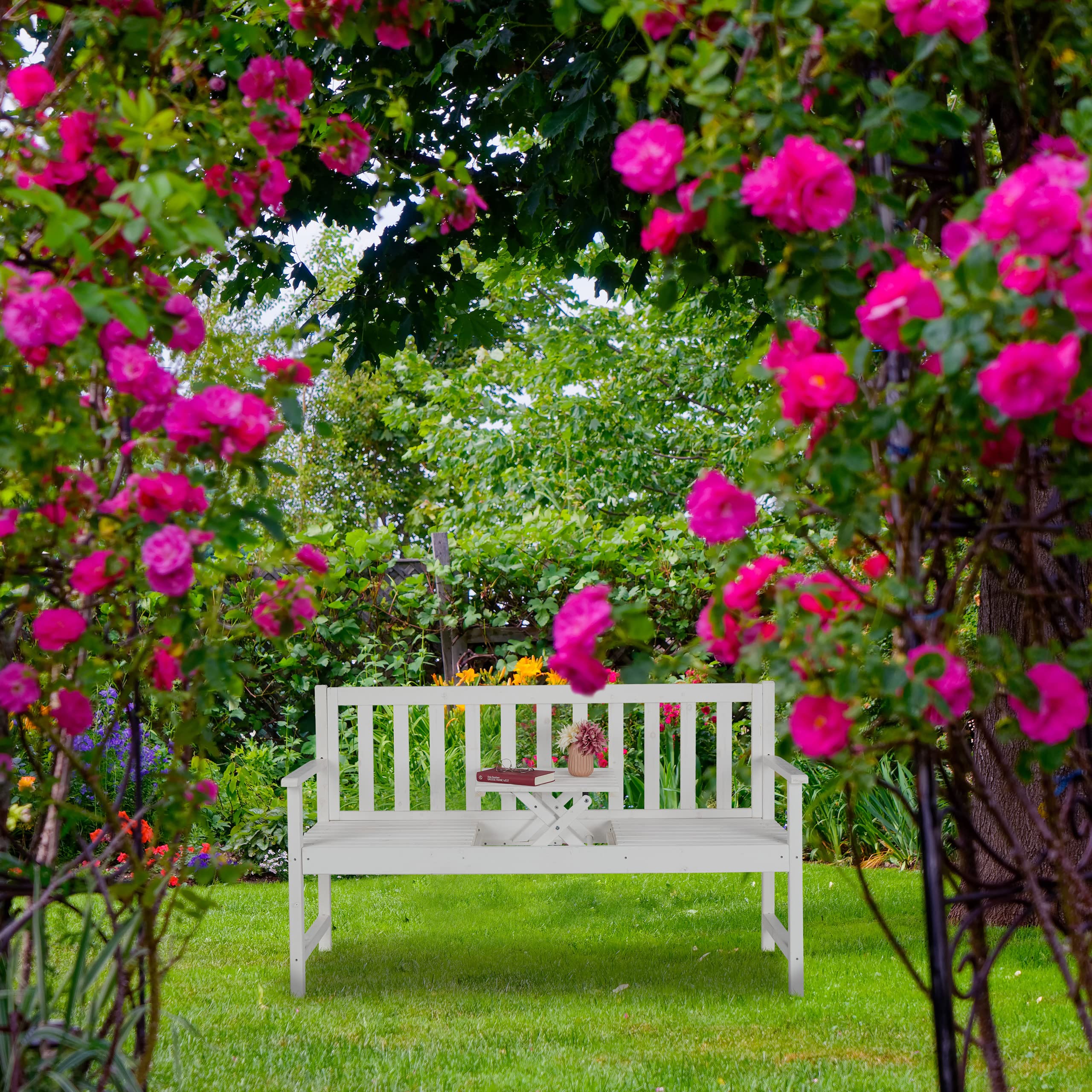 Relaxdays Gartenbank mit integriertem Tisch, 3 Sitzer, robuste Holz Sitzbank, Garten & Balkon, HBT: 90x152x56 cm, weiß