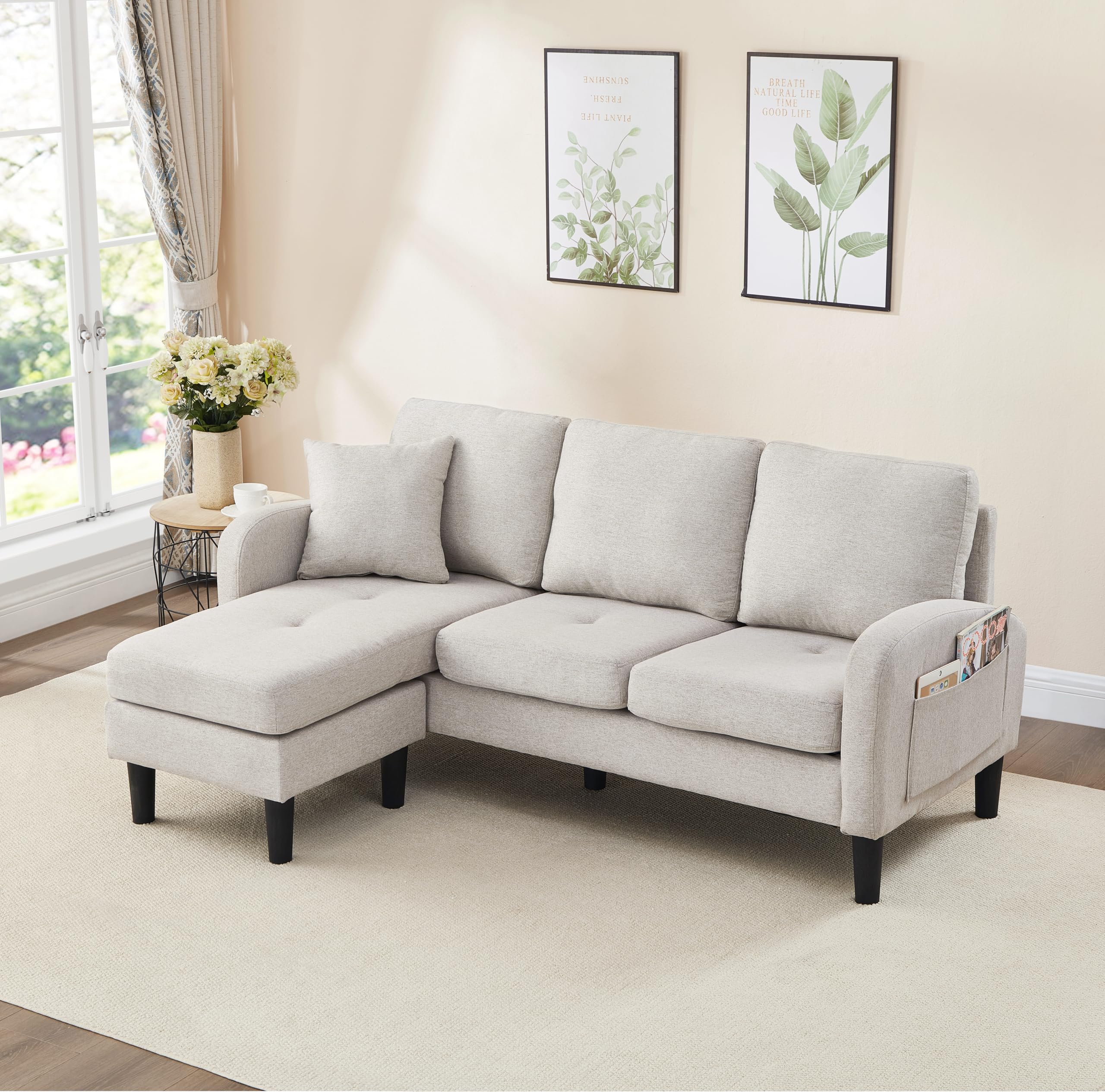 Divano Angolare L Con Chaise Longue Reversibile – 166x118x77 Cm, Tessuto Misto Cotone Lino, Gambe In Plastica, Bianco