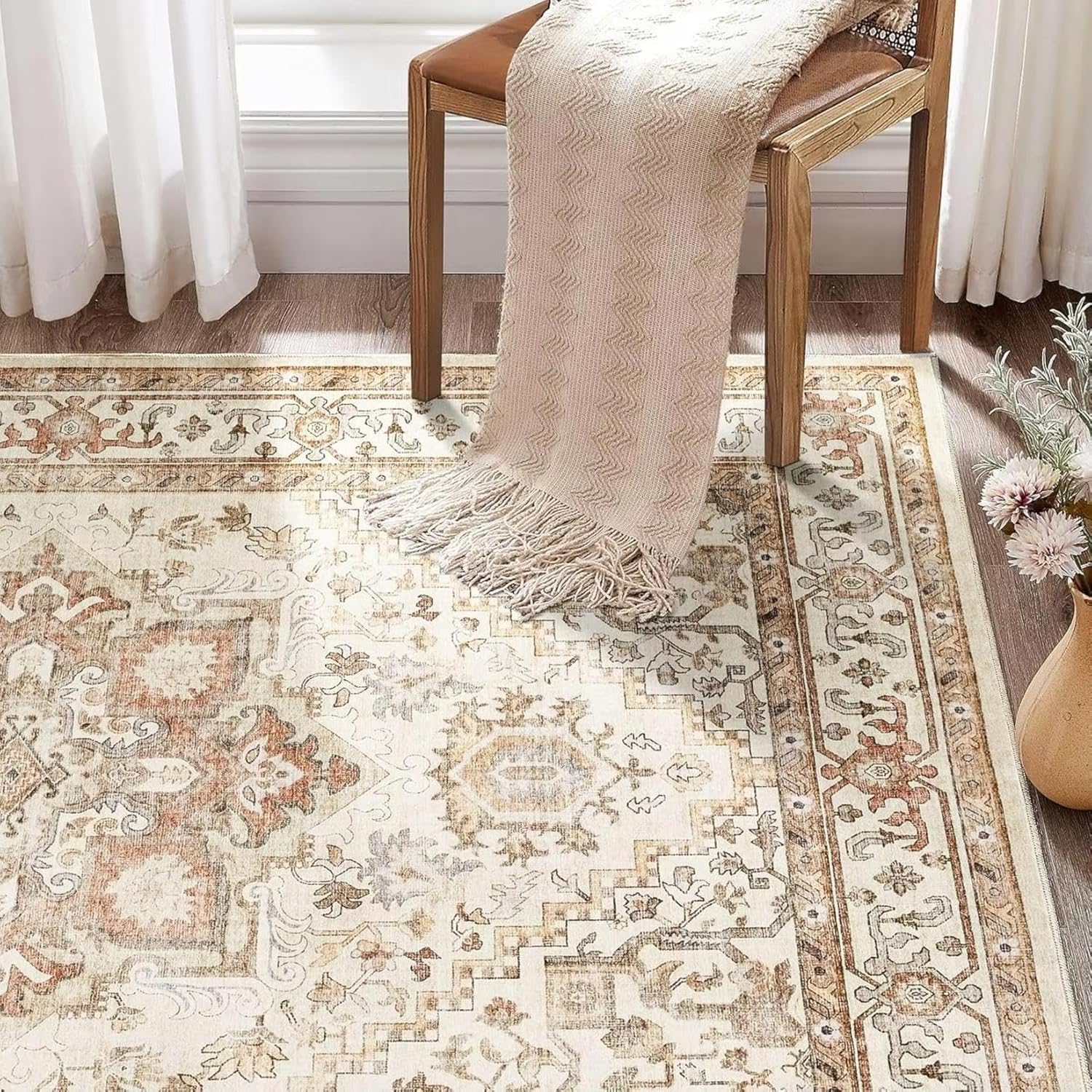 Living Room Area Rug 5'x7'(63"x87") Washable Rug Area Rugs: Boho Vintage Distressed Oriental Medallion Neutral Thin Large Rug Carpet for Living Room Bedroom