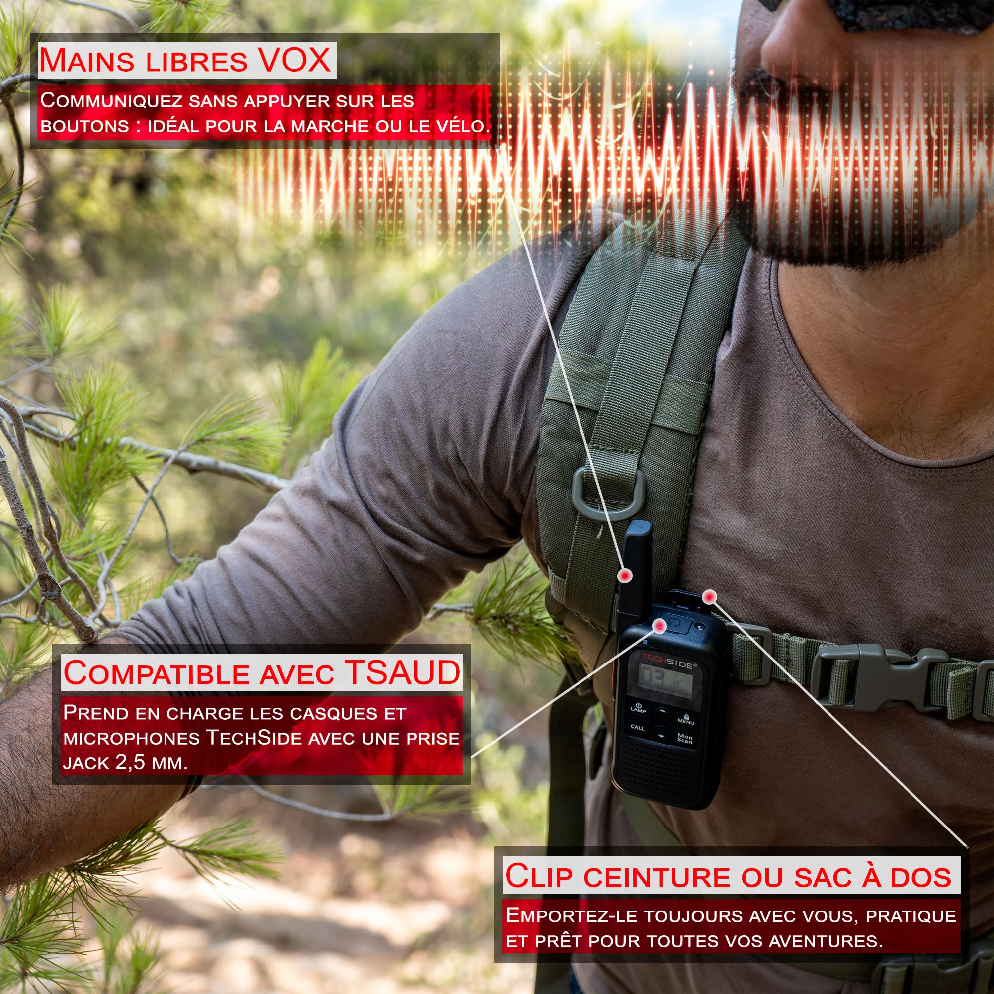 TechSide TS-T3 Go Talkie-Walkie PMR446, 16 Canaux, Portée 10 km, Recharge USB-C, avec Lampe LED, Lot de 2