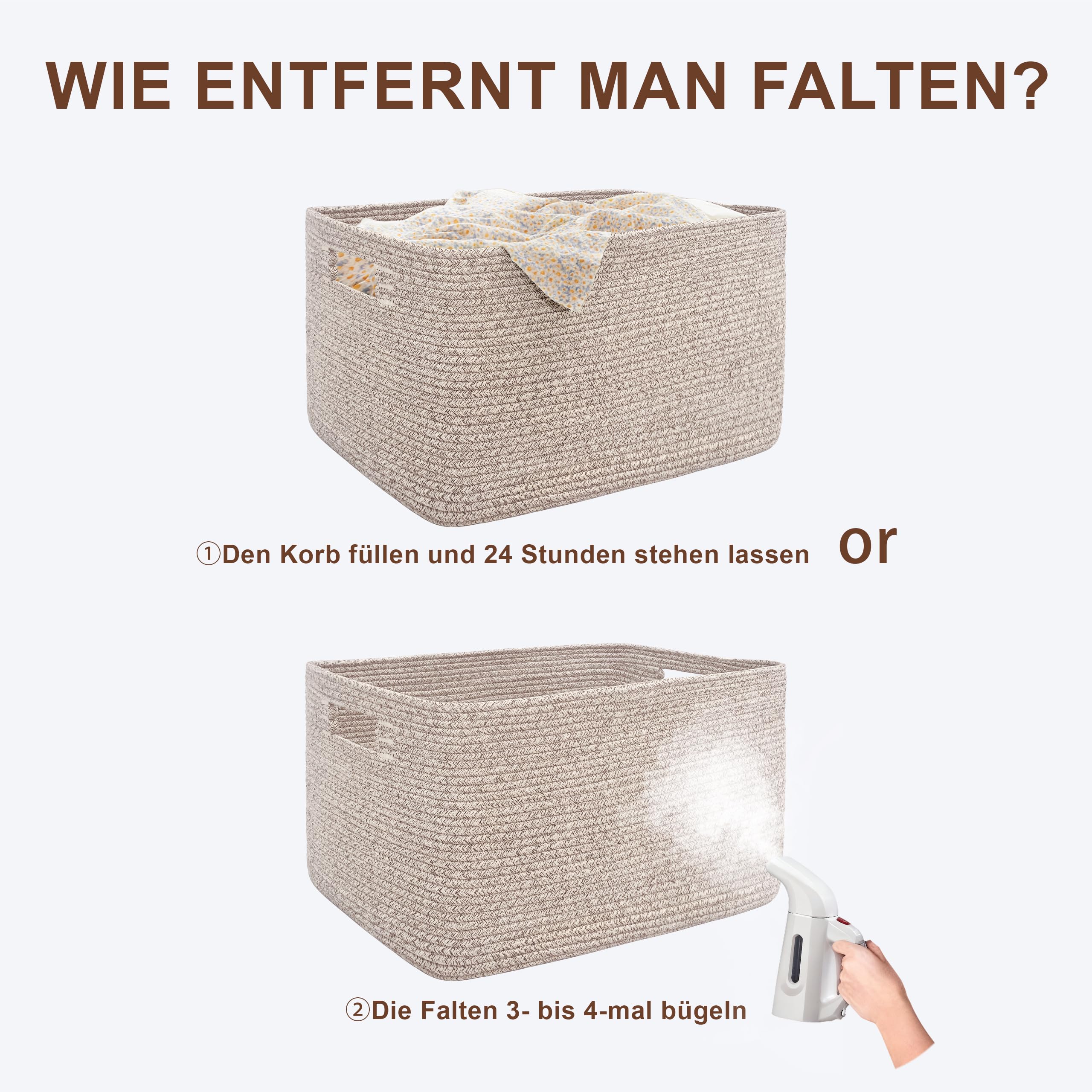 72L großer Wäschekorb geflochten mit Henkeln, Hellbraun | Aufbewahrungskorb aus Baumwollseil für Decken, Spielzeug & Kleidung, Stoffkorb für Wohnzimmer, Kinderzimmer, 55×43×30 cm