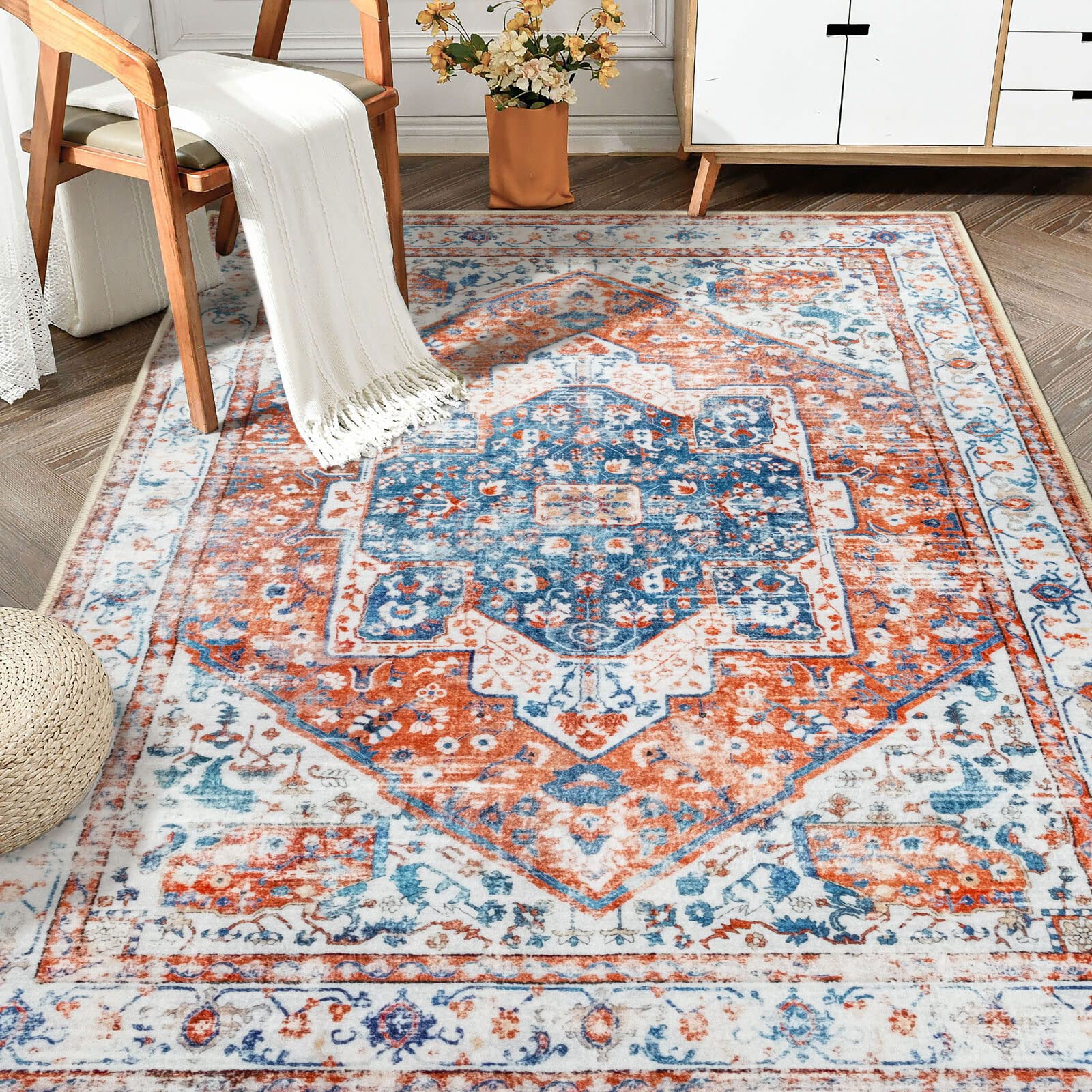 FOFARY 3'x5' Orange Vintage Rug Washable Area Rugs for Living Room Bedroom Kitchen Bathroom Office Small Rug Non Slip Carpet