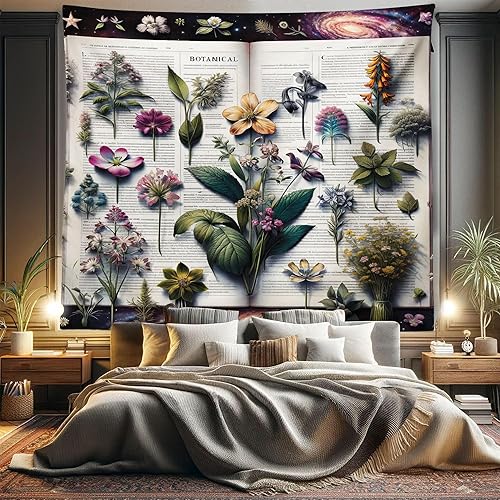 Ambesonne Tapiz botánico tamaño King, flores silvestres en un libro vintage abierto con remolinos de la Vía Láctea galáctica, colcha colgante de