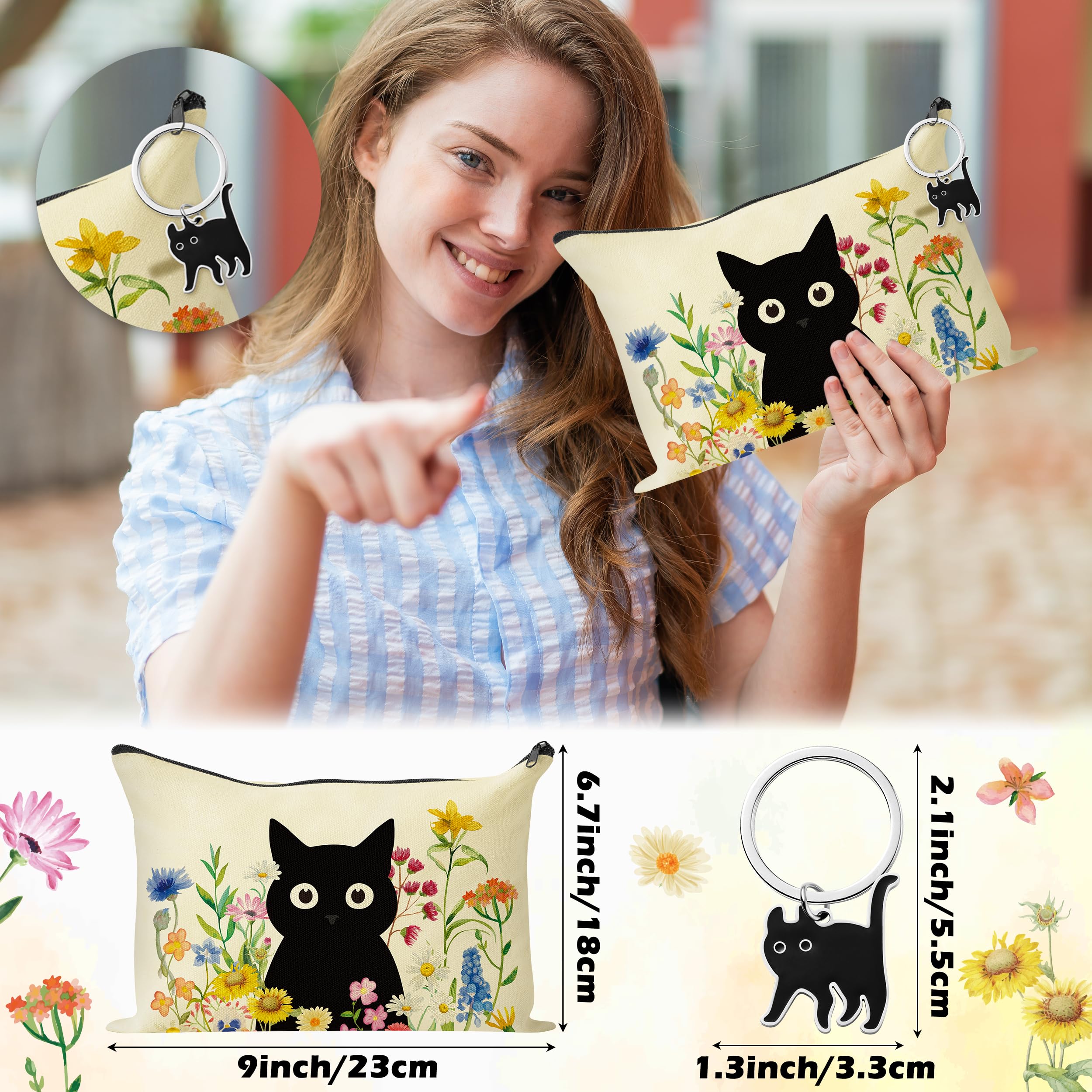 laffact Bolsa de lona con diseño de gato negro – Bonita bolsa de mano de gato con bolsillos interiores, bolsa de maquillaje estética vintage con cremallera y llavero de gato, regalos para amantes de
