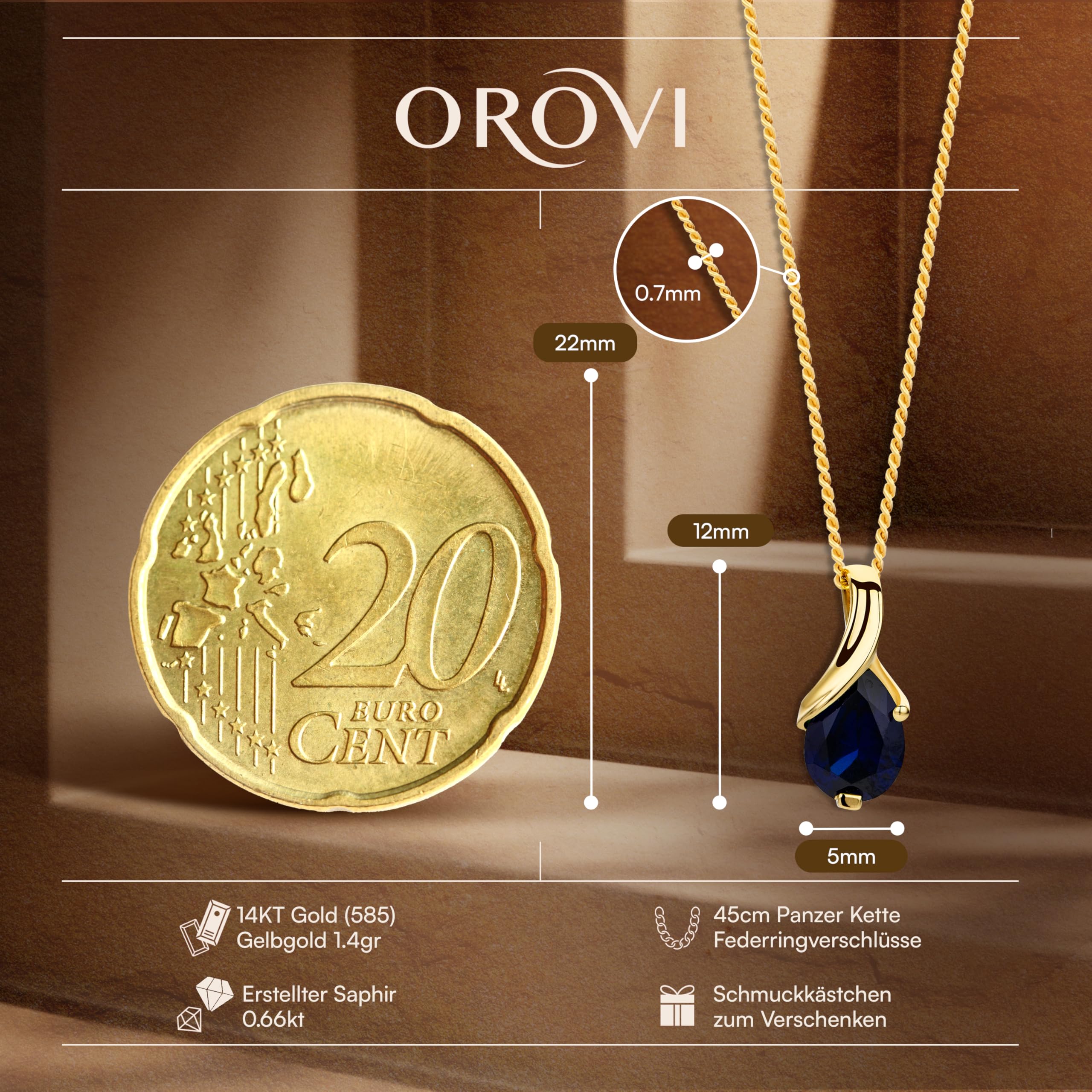 Orovi–Kette Damen 14 Karat(585)Weißgold/Gelbgold mit ovalem Rubin/Amethyst/Topas/Smaragd/Saphir/im Tropfenschliff–Filigrane Edelstein Halskette mit Anhänger Goldkette Allergenfrei & handgemacht 45 cm