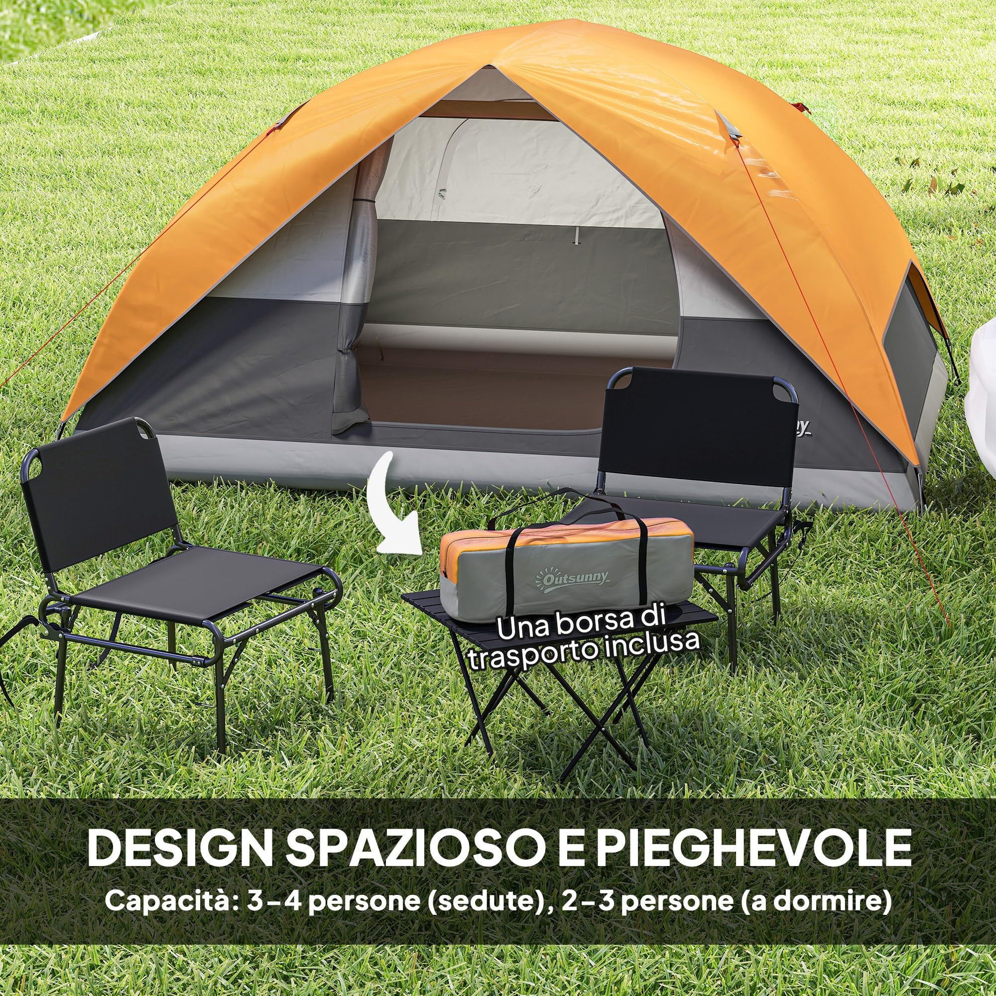 Outsunny Tenda da Campeggio Famigliare per 3 Persone, Tenda da Trekking a Cupola Impermeabile 3000mm con Porta di Ricarica, Tasche, Gancio per Lanterna e Borsa di Trasporto, Arancione e Grigio