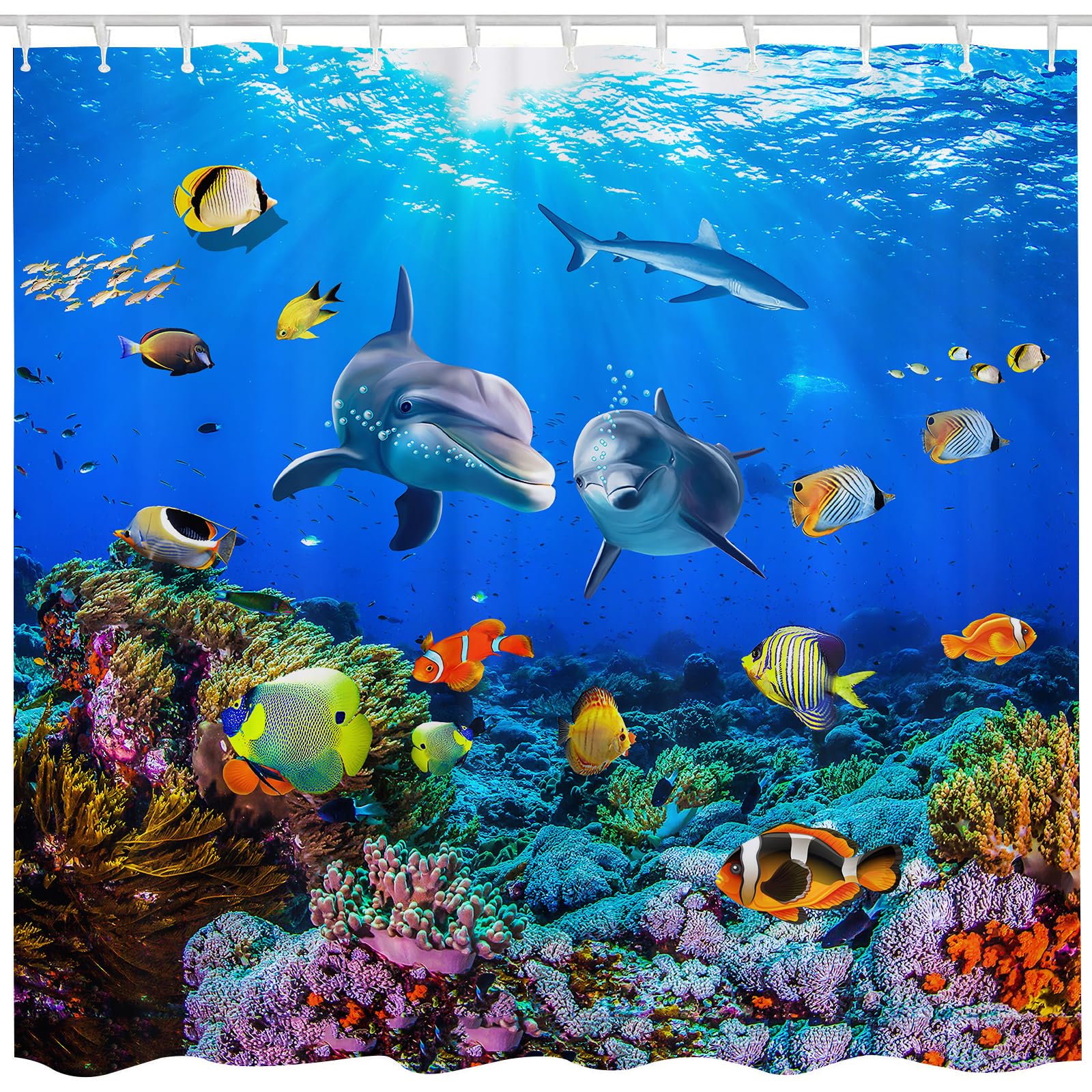 Joocar Men's Bright Blue Ocean Dolphin Shower Curtain Underwater World 3D Digital Painting Pattern Bath Curtain Waterproof Shower Curtains Bathroom Decor 72X72 Inch,