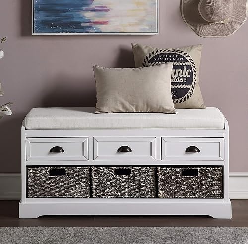 Miniatura 27 de SOFTSEA - Banco organizador de almacenamiento con 3 cajones, 3 canastas de ratán y cojín extraíble, para entrada, pasillo, sala de estar (negro)