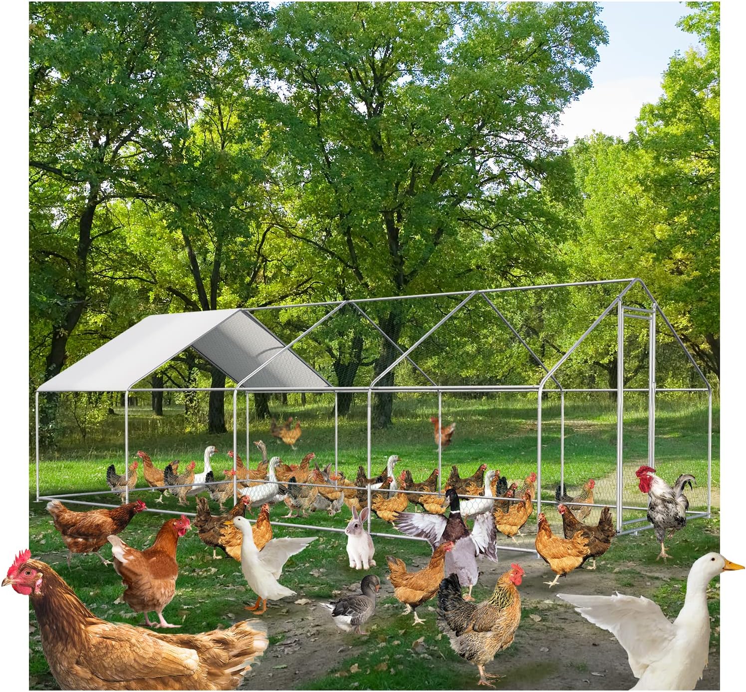 CHIKENCOOP Large Metal Chicken Coop Walk-in Poultry Cage Chicken Runs for Yard with Coverd Chicken Pen for 40 Chickens Duck Rabbit House Outdoor