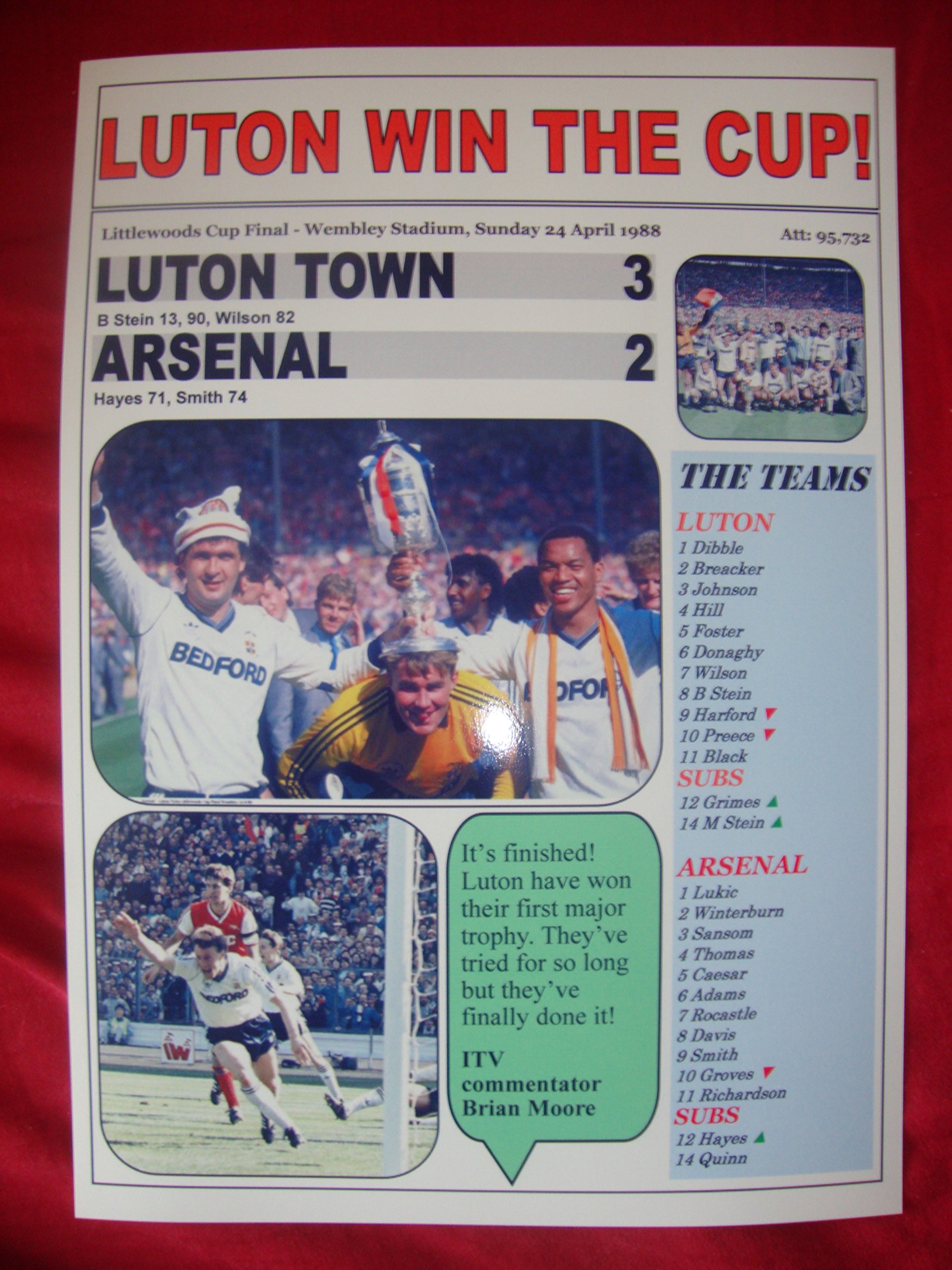 Lilywhite Multimedia Luton Town 3 Arsenal 2 - 1988 Littlewoods Cup final - souvenir print