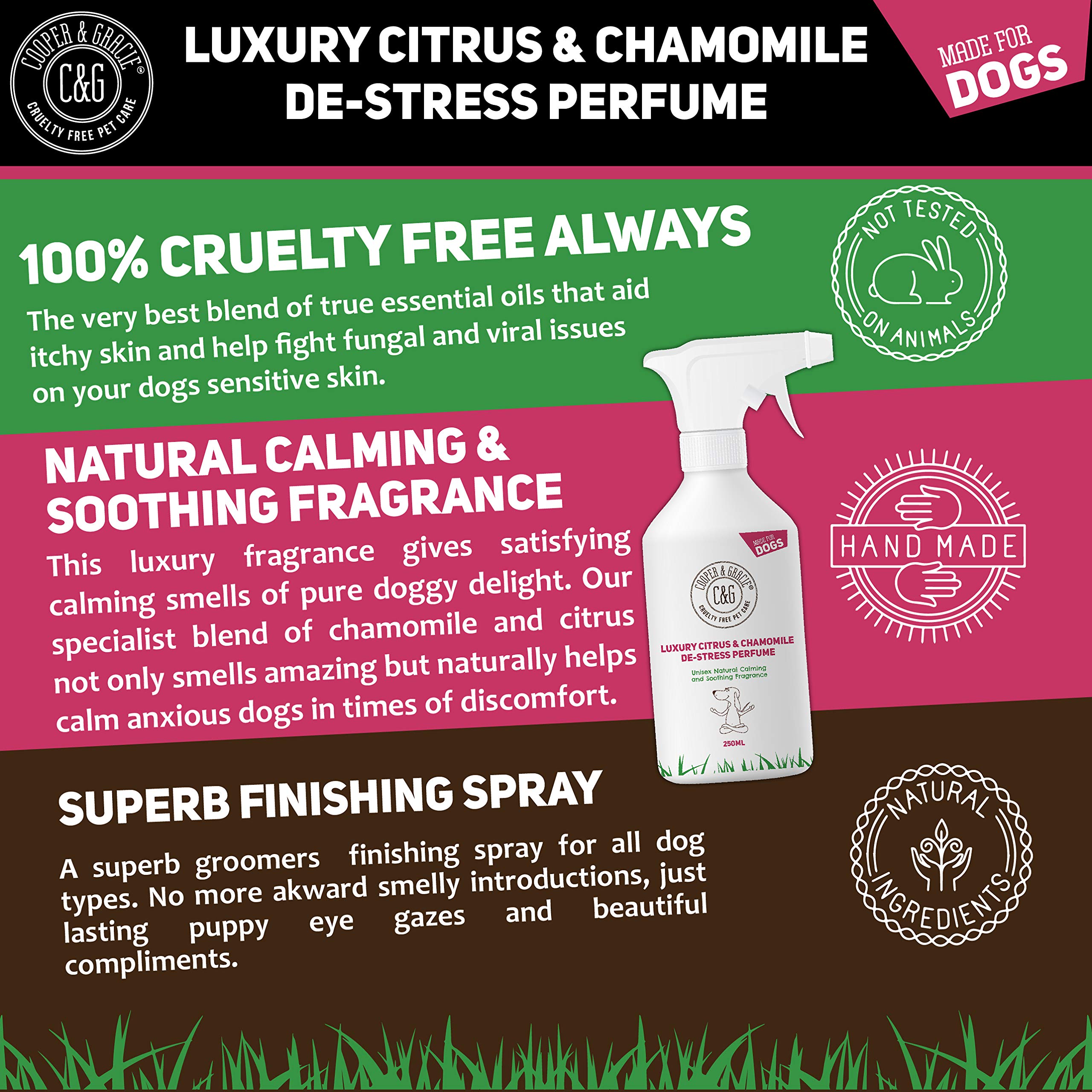 C&G Pets | De Stress Perfume Spray pour chien 250 ml | Parfum pour chien | Eau de Cologne pour chien pour calmer les chiots nerveux et anxieux | Huiles essentielles d'agrumes et de camomille et de