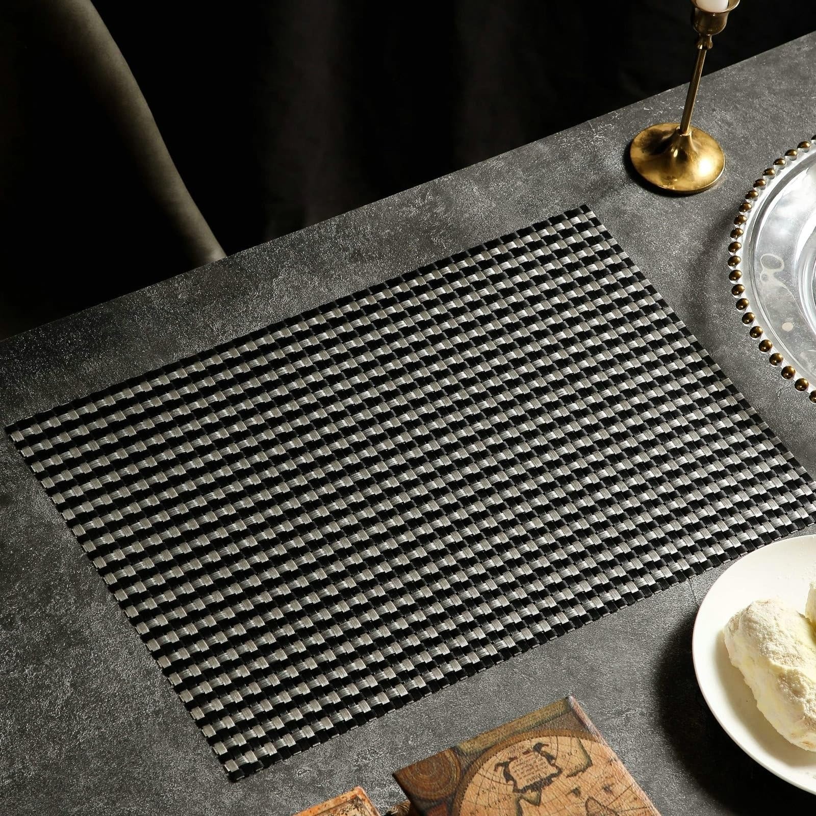 Placemat Juego de 10, Placemat Plata Negro Rectangular Tejido 30 x 45 cm para Cocina y Comedor