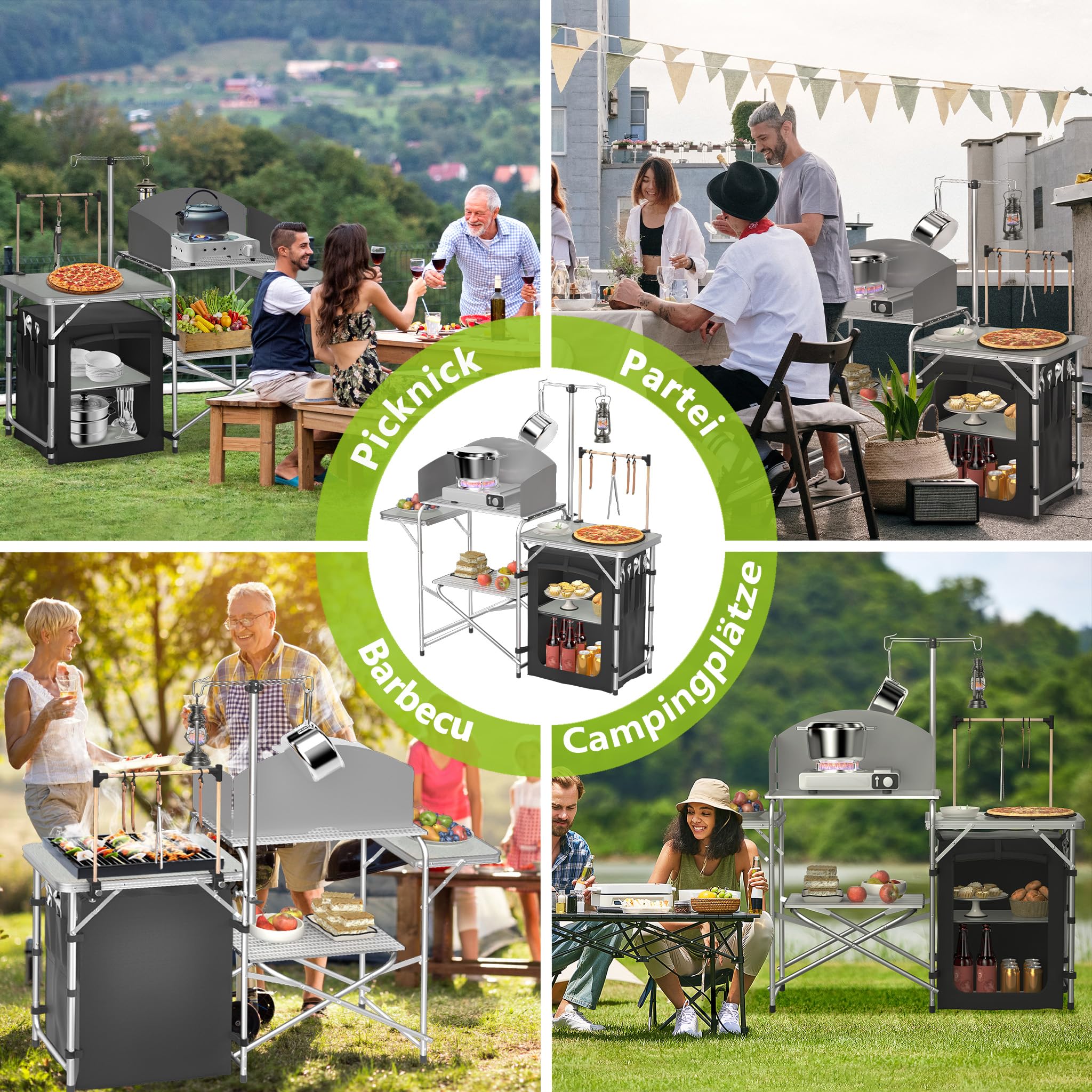 UISEBRT Tavolo da cucina da campeggio pieghevole con mobile da campeggio, paravento e piano di lavoro in MDF, pieghevole per esterni, con supporto per lampada, borsa per il trasporto, ideale per