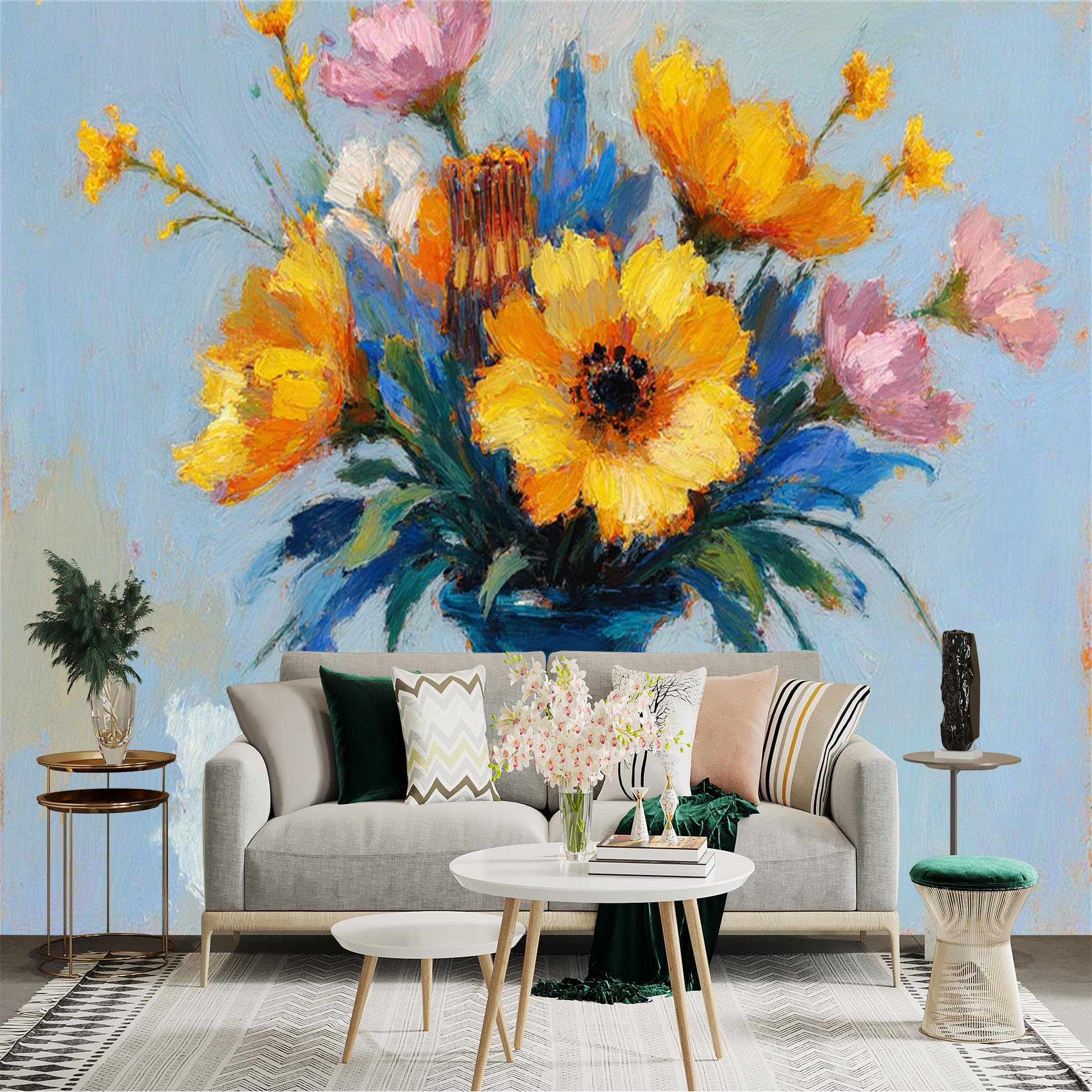 Custom Size Wall Sticker Mural， Impressionist Oil Painting of Yellow Flowers in Blue Vase， Floral Bouquet Artwork， for wall Decoration， peelandstick wall Decals.