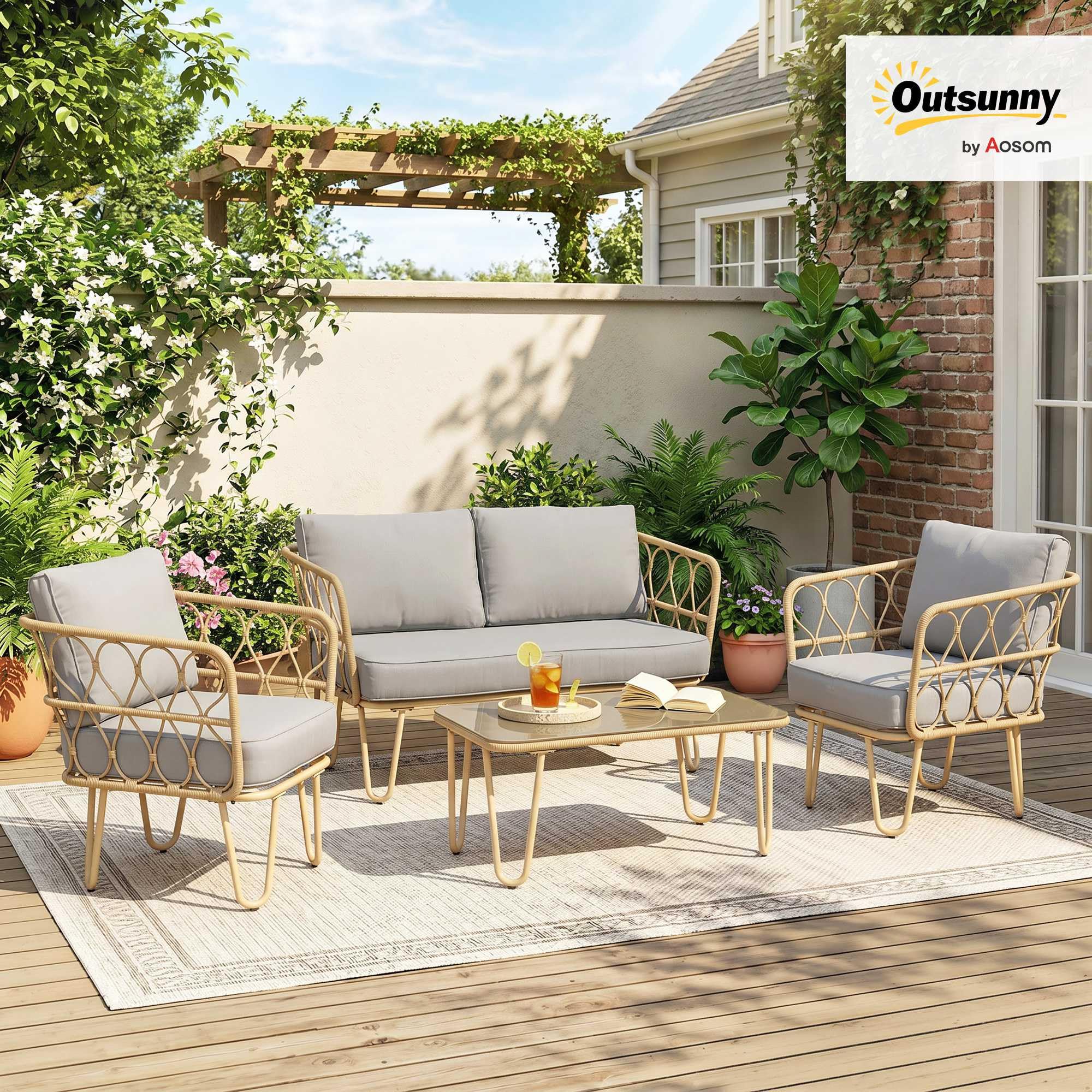 Outsunny Salotto da Giardino Rattan 4 Pezzi con Divano 2 Posti, 2 Poltrone e Tavolino con Piano in Vetro Stile Boho, Cuscini Sfoderabili, Giallo
