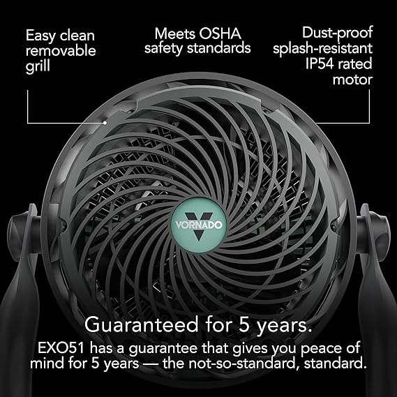 Vornado EXO51 Small Heavy Duty Air Circulator, 3-Speed High Velocity Shop Fan, Dustproof and Water-Resistant, Powerful Motor, Industrial High Impact Case, Whole Room Air Circulator, Green