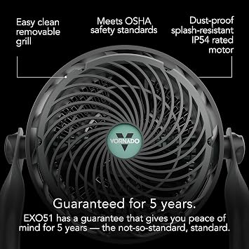 Vornado EXO51 Small Heavy Duty Air Circulator, 3-Speed High Velocity Shop Fan, Dustproof and Water-Resistant, Powerful Motor, Industrial High Impact Case, Whole Room Air Circulator, Green