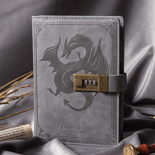 Miniatura 7 de TIEFOSSI Cuaderno de diario de cuero de dragón, diario con cerradura de combinación, cuaderno de papel forradoen blanco, diarios de escritura B6
