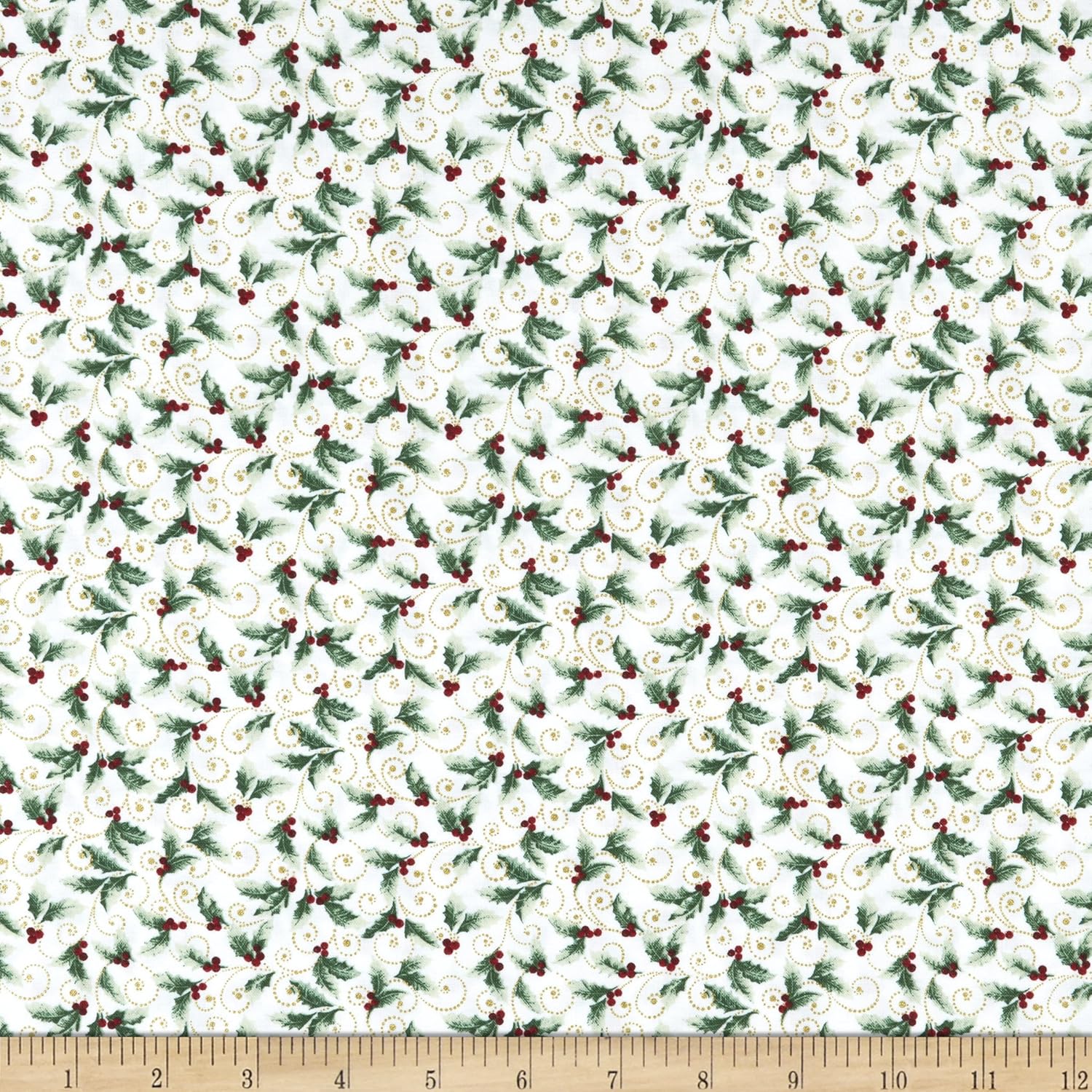 Benartex Metallic A Festive Medley Holly and Scroll Cream, Fabric by The Yard