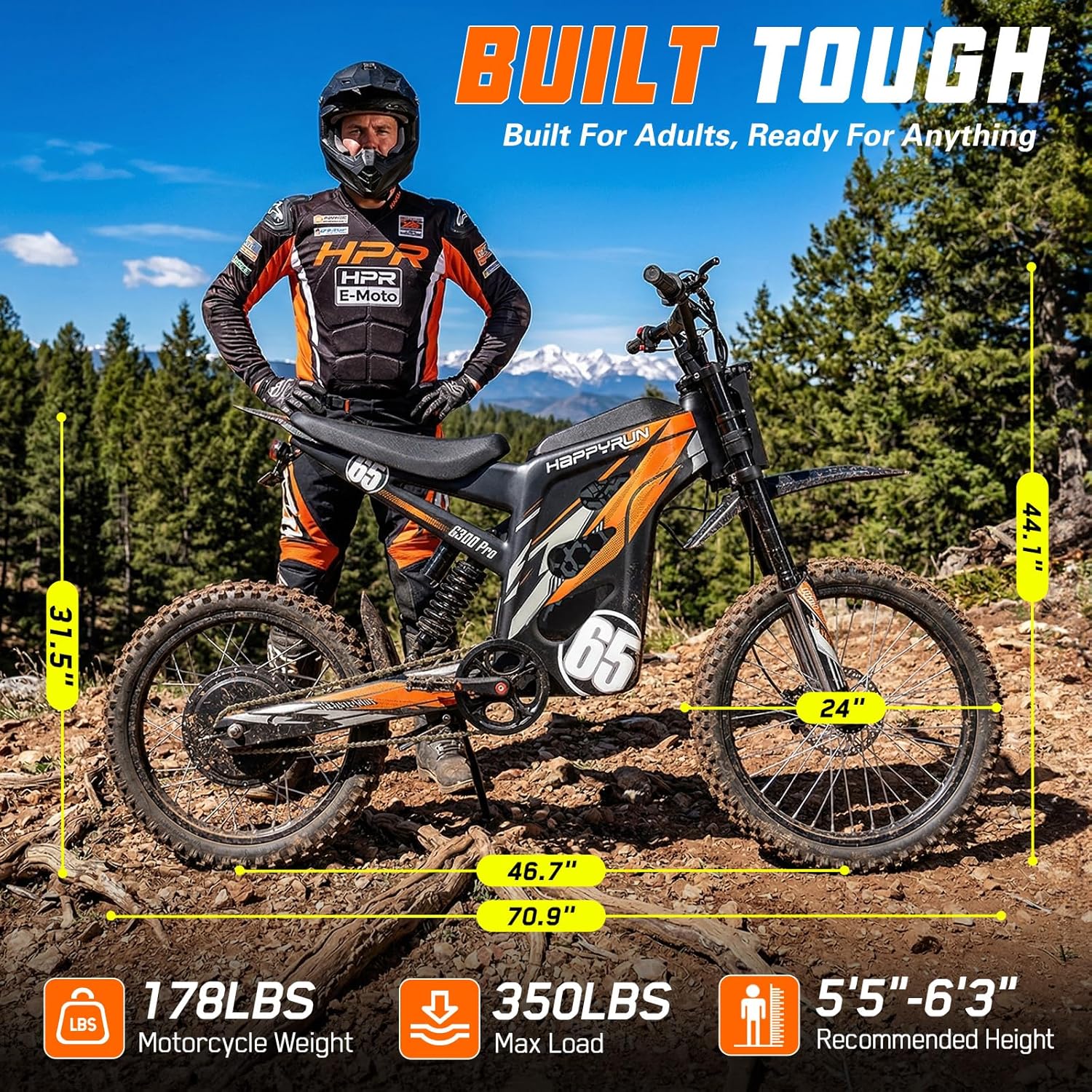 HAPPYRUN G300 Pro Electric Dirt Bike for Adults, 72V 30Ah Battery, 6500W Motor, 50 MPH Speed, 70 Mile Range, 350 Lbs Load Capacity, Hydraulic Brakes (Electric Blue)