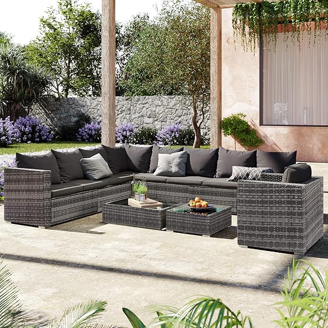 9-seater Large Rattan Garden Corner Sofa Set, Outdoor Garden Furniture Set Patio Sofa Set with Coffee Table, Seat Cushions and Back Cushions