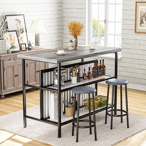 AWQM Kitchen Island with Seating & Storage Shelf, Modern Bar Table and Chairs Set for 2, Wooden Island Table for Kitchen, Dining Table Set for Small Space, Grey