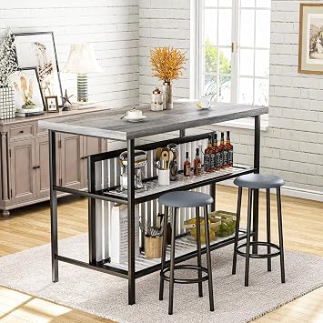 AWQM Kitchen Island with Seating & Storage Shelf, Modern Bar Table and Chairs Set for 2, Wooden Island Table for Kitchen, Dining Table Set for Small Space, Grey